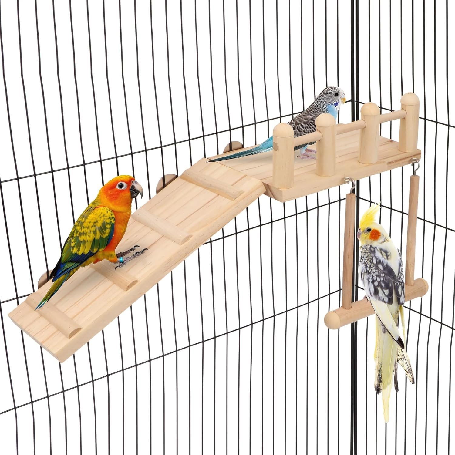 Wontee Bird Perches Platform Swing with Climbing Ladder Bird Cage Accessories Play Gym Exercise Stand for Parrots Budgies Parakeets Caique Senegal Cockatiels Conures