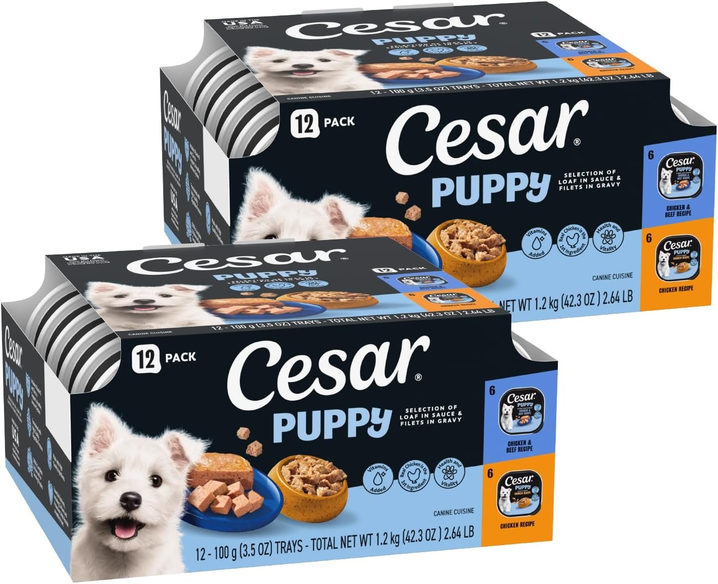 Cesar Puppy Classic Loaf in Sauce and Filets in Gravy Wet Dog Food Variety Pack, Chicken & Beef and Chicken Recipes, 3.5 oz. Easy Peel Trays, Dog Food Toppers, 12 Count (Pack of 2)