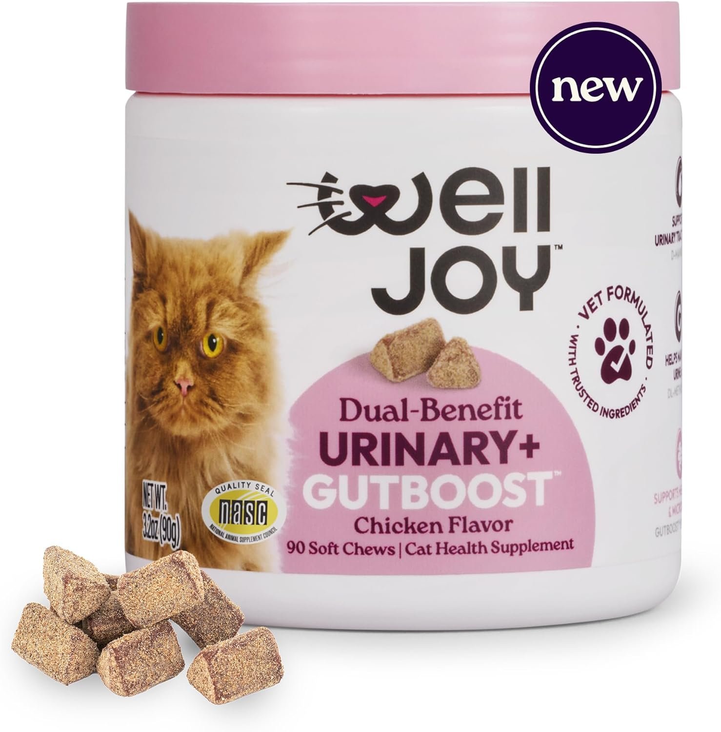 New! WellJoy Cat Supplement Urinary+ GutBoost | Cat Health Supplement | Supports Urinary Tract Health | Dual-Benefit GutBoost Formulation | Vet Formulated | USA Made | Chicken Flavor | 90 Soft Chews