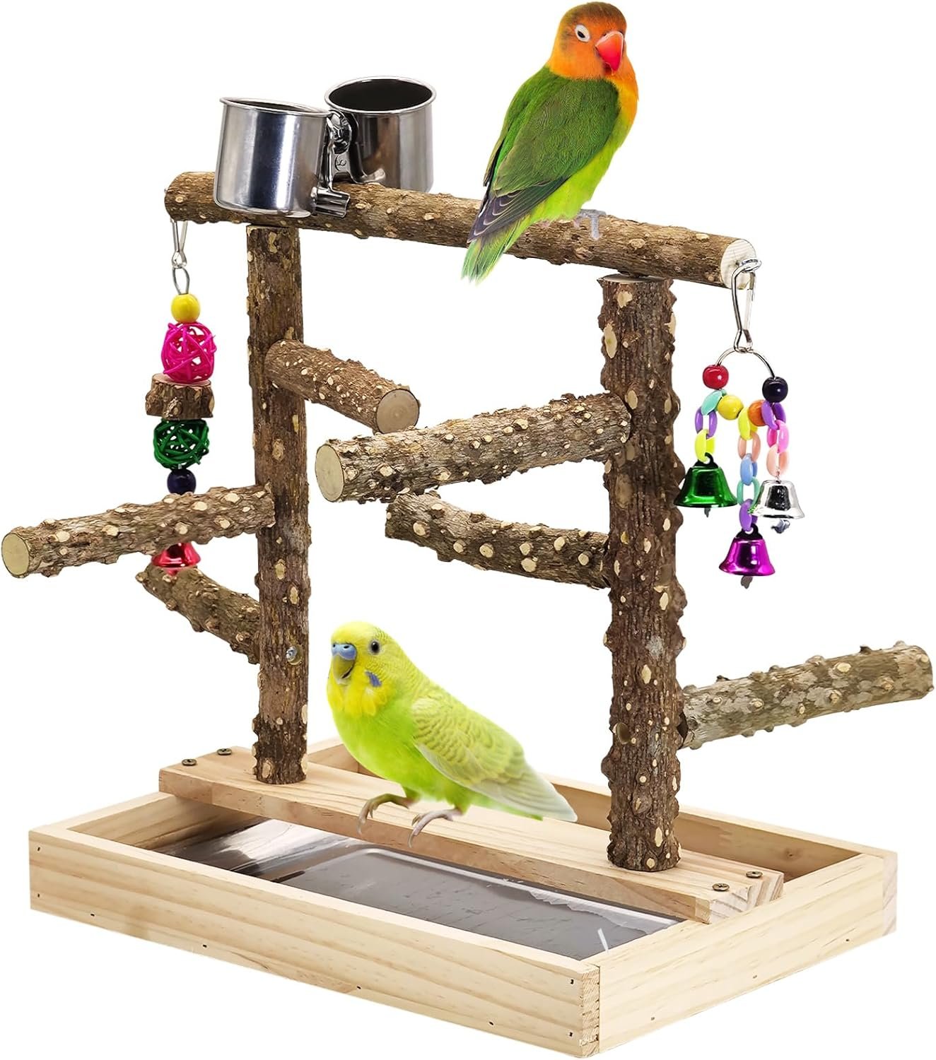 BNOSDM Natural Wood Bird Playground for Training & Playing, Parrot Perch Stand Jungle Gym with Detachable Tray & Stainless Feeder Cups Parakeet Cage Playstand for Budgie, Cockatiel, African Grey