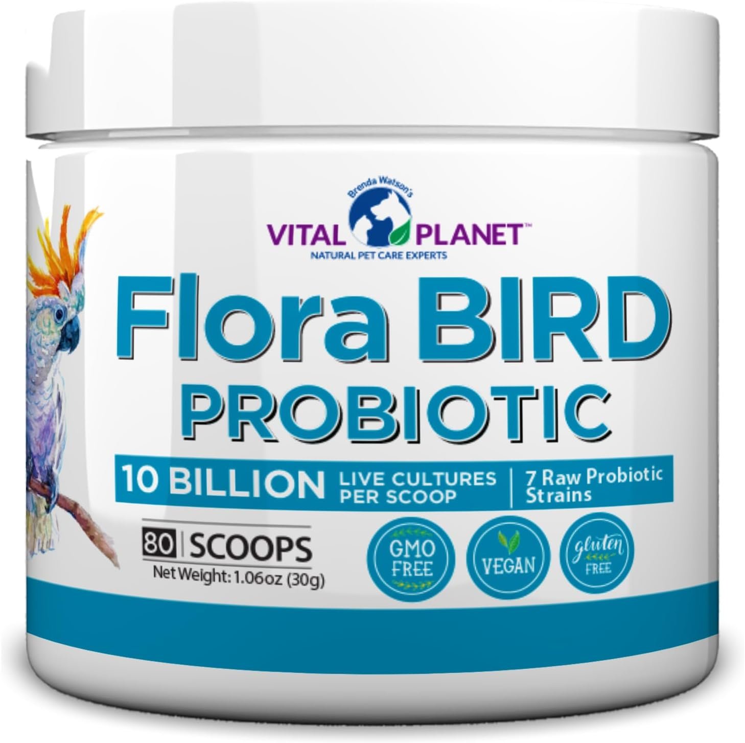 Vital Planet – Flora Bird Probiotic Powder Supplement with 10 Billion Cultures and 7 Diverse Strains, High Potency Probiotics for All Birds for Avian Digestive and Immune Support 80 Scoops 1.06 oz