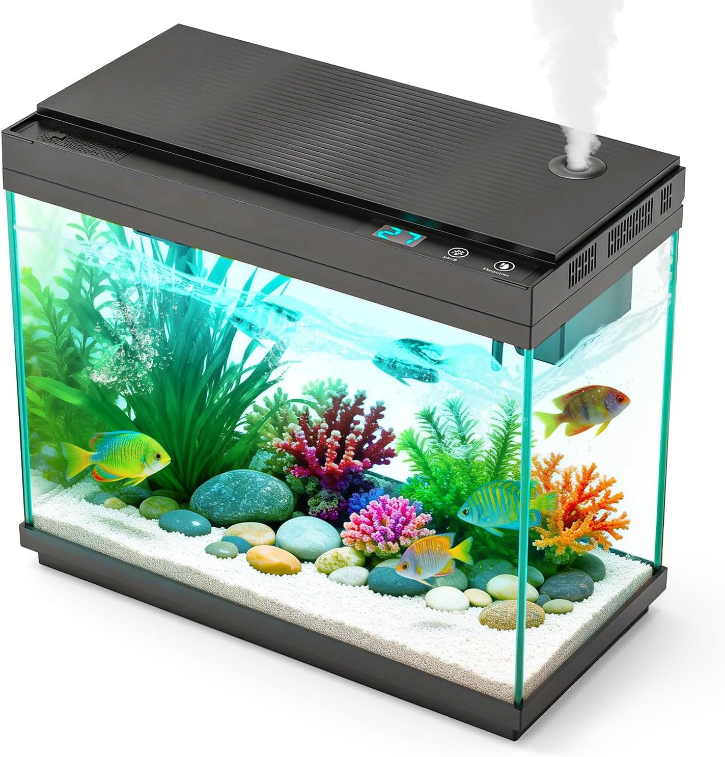 Smart Aquarium Fish Tank with Silent Water Pump, 2.4 Gallon Small Aquarium with Quick Start Kit, Temperature Display, Humidifier and RGB Lights, Perfect for Home, Office, and Decor, Black