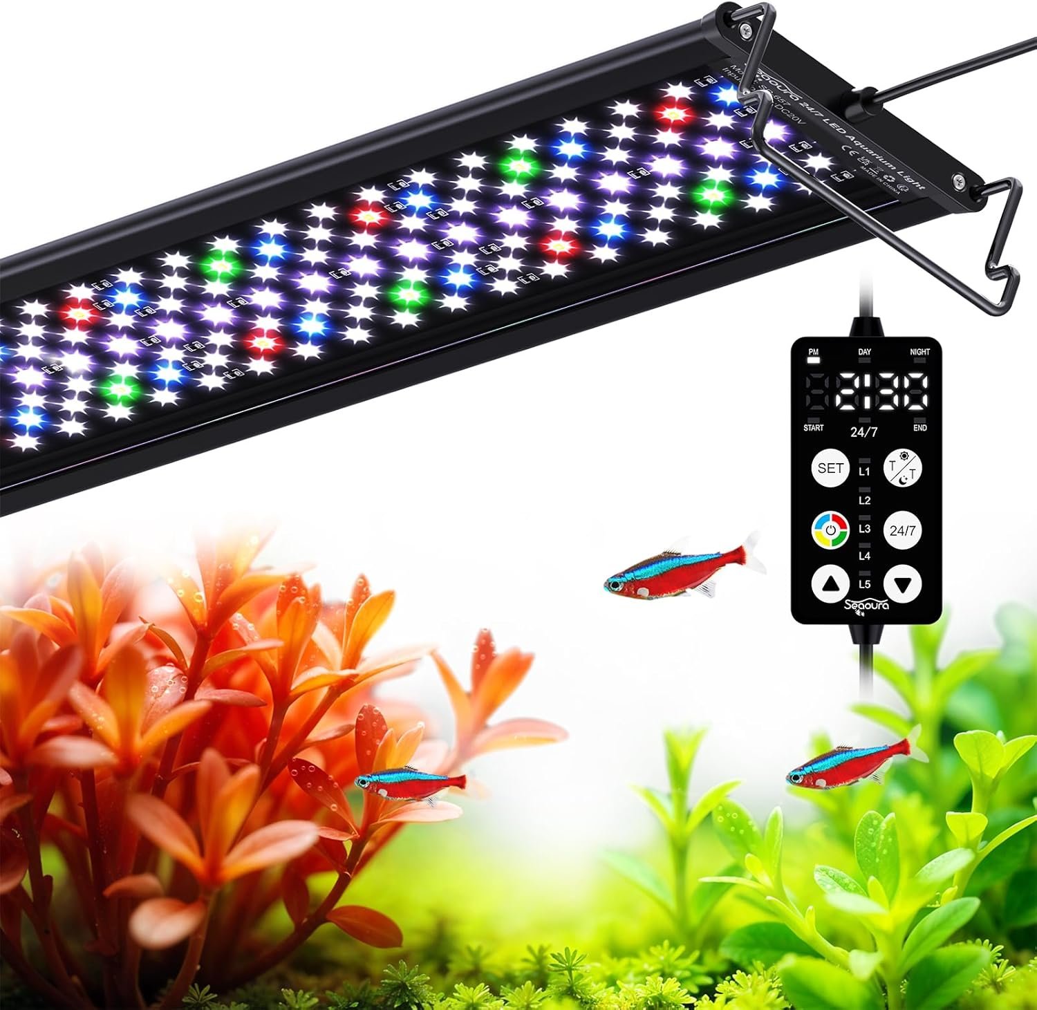 SEAOURA Plant Growth Aquarium Light, 24/7 Custom Timer, Power-Off Memory, 48-54in Full Spectrum Aquarium Plant Lights, 7-Row LED 8 Colors, 20 Adjustable Brightness, Day & Night Cycle for Freshwater