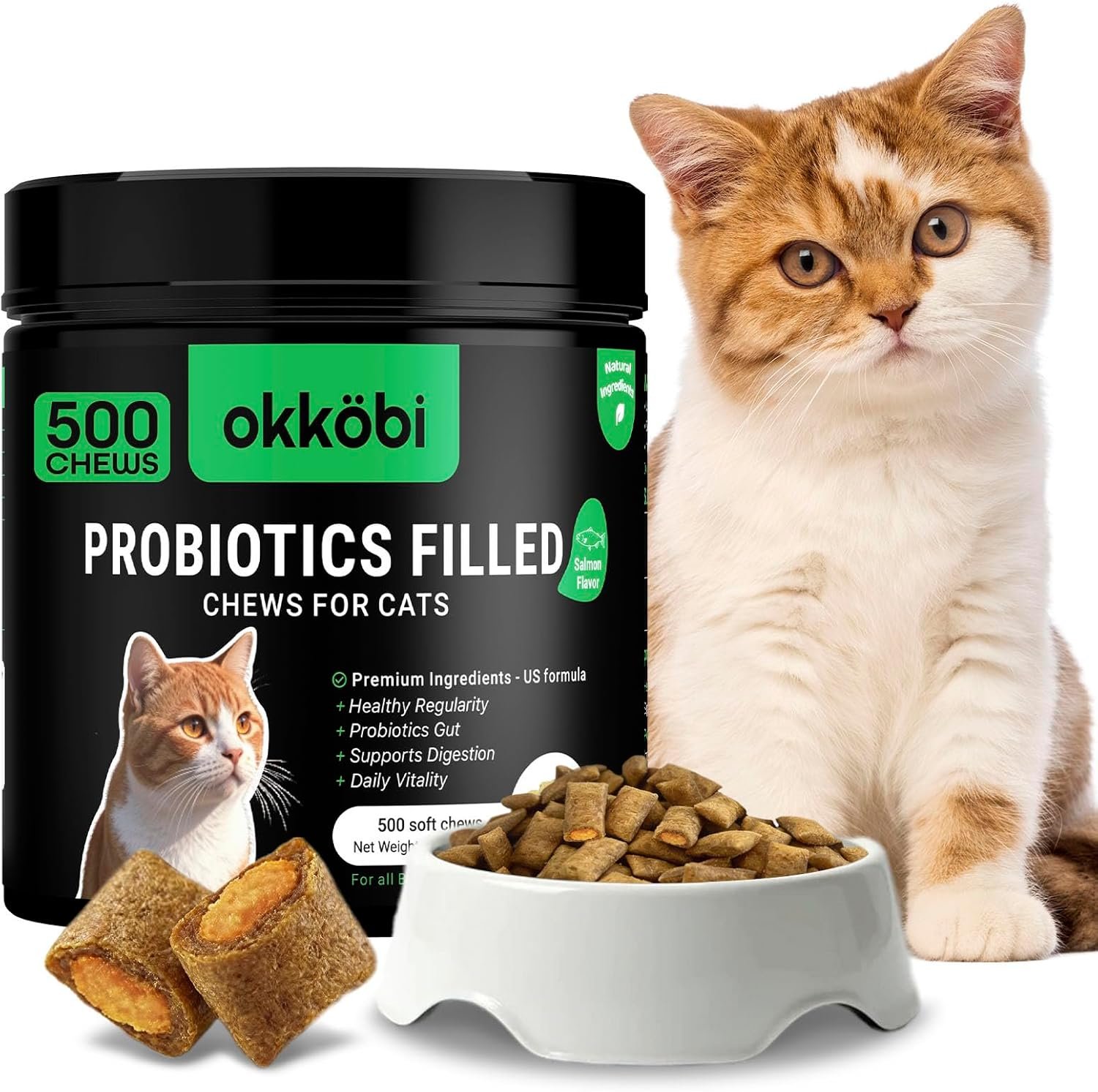 Probiotics for Cats Chews 500PCs – Digestive, Gut Health & Diarrhea Support – Probiotic Chews for Feline – Crunchy & Creamy with Cat Probiotics, Enzymes & Natural Ingredients – Salmon