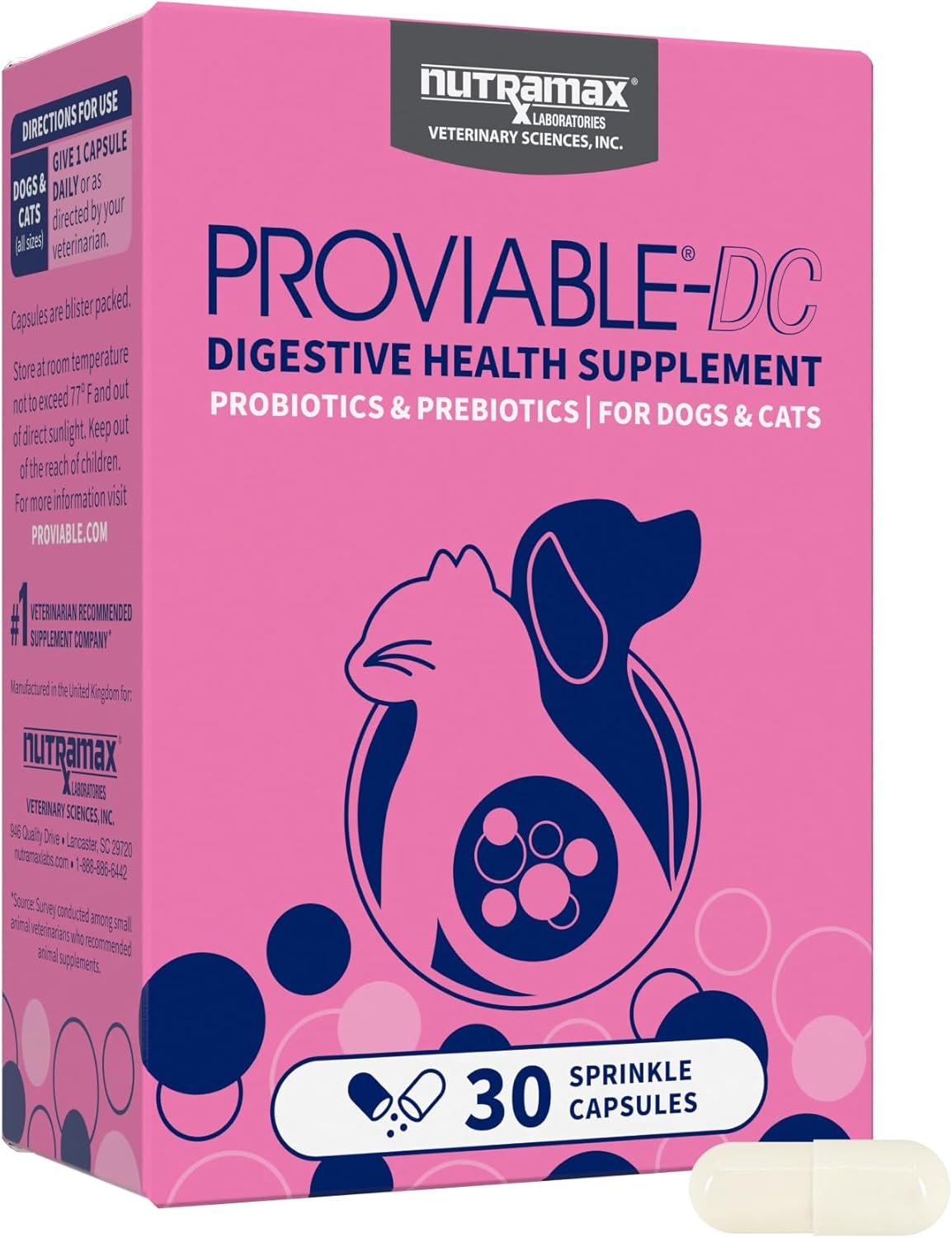 Nutramax Proviable Probiotics for Dogs and Cats, Daily Digestive Health Supplement with Multiple Strains of Bacteria, Cat and Dog Probiotics Plus Prebiotics, 30 Capsules