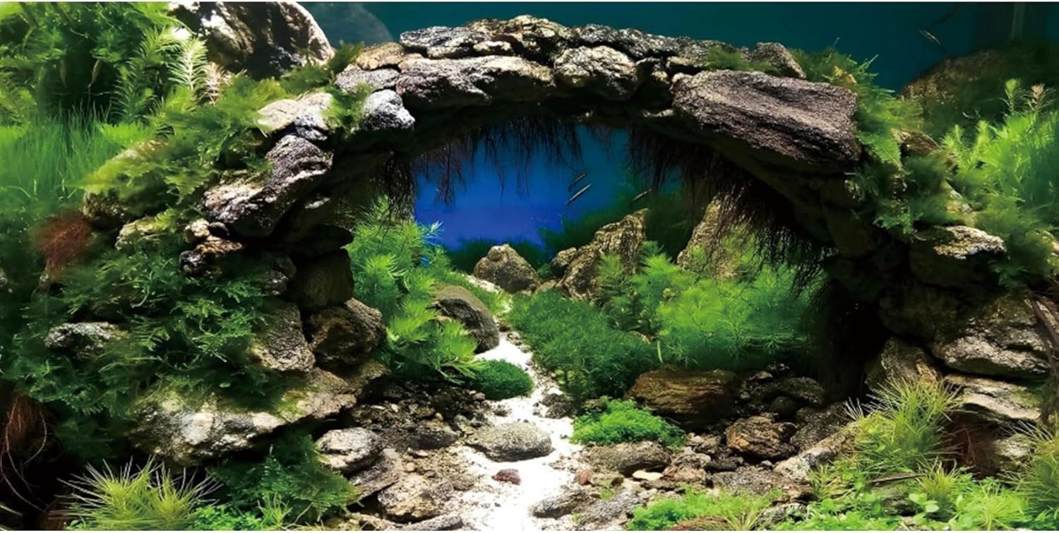 AWERT 48×18 inches Arch Stone Aquarium Background River Bed & Lake Aquarium Vinyl Background Aquatic Plant Fish Tank Background