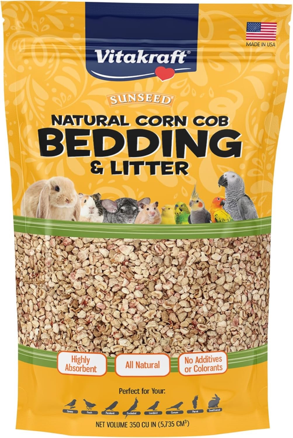 Sunseed Natural Corn Cob Bedding & Litter for Pet Birds and Small Animals – Made in USA – 350 Cubic Inches