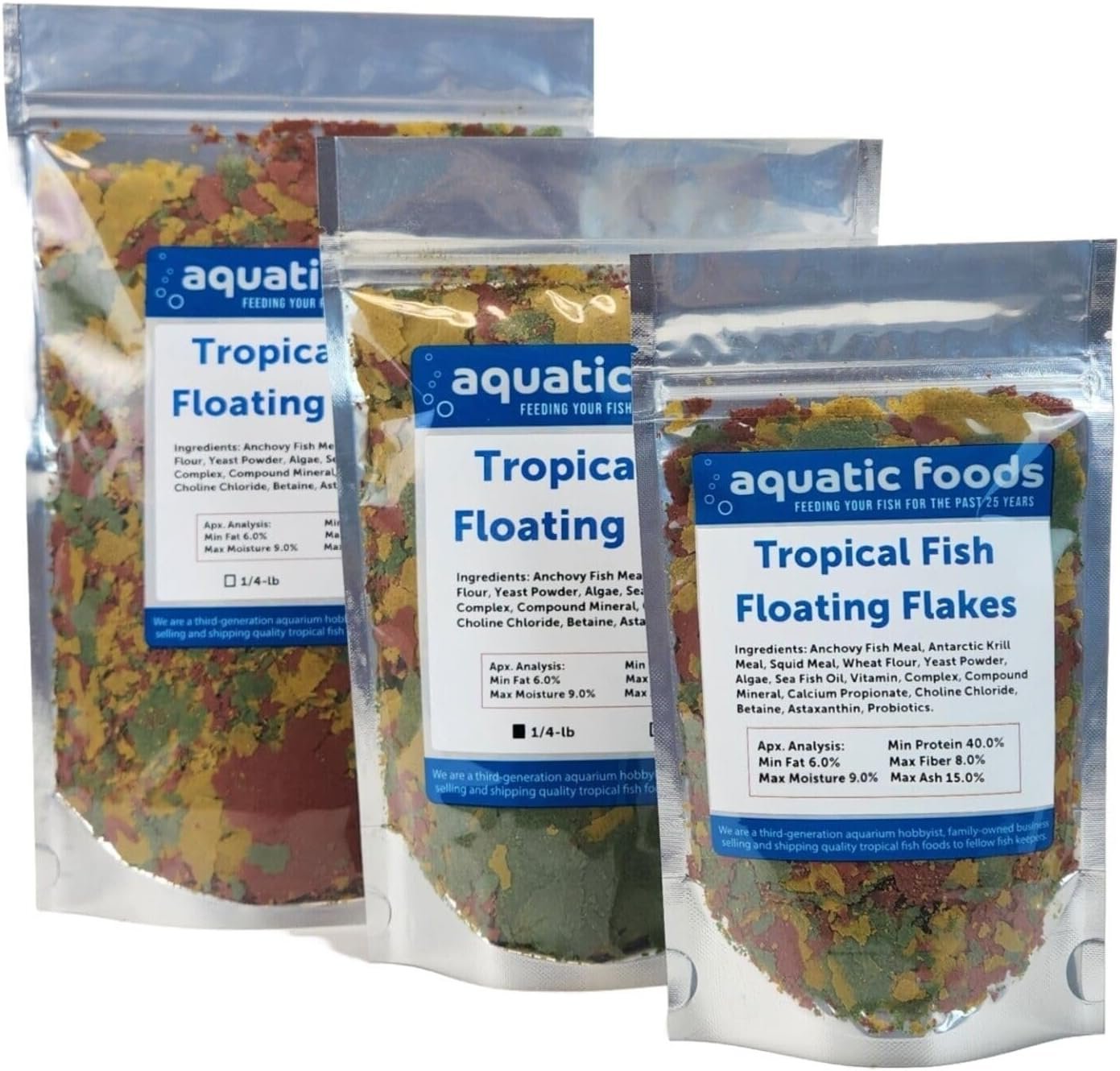 Aquatic Foods Inc. Tropical Fish Flakes, Mix of Krill, Color Enhancing, Spirulina Flakes for Cichlids, Angels, Tetras, Guppies. 12-Type Pellet Mix & 4-Type Wafers Included…WL 1/2-lb Foil Bag