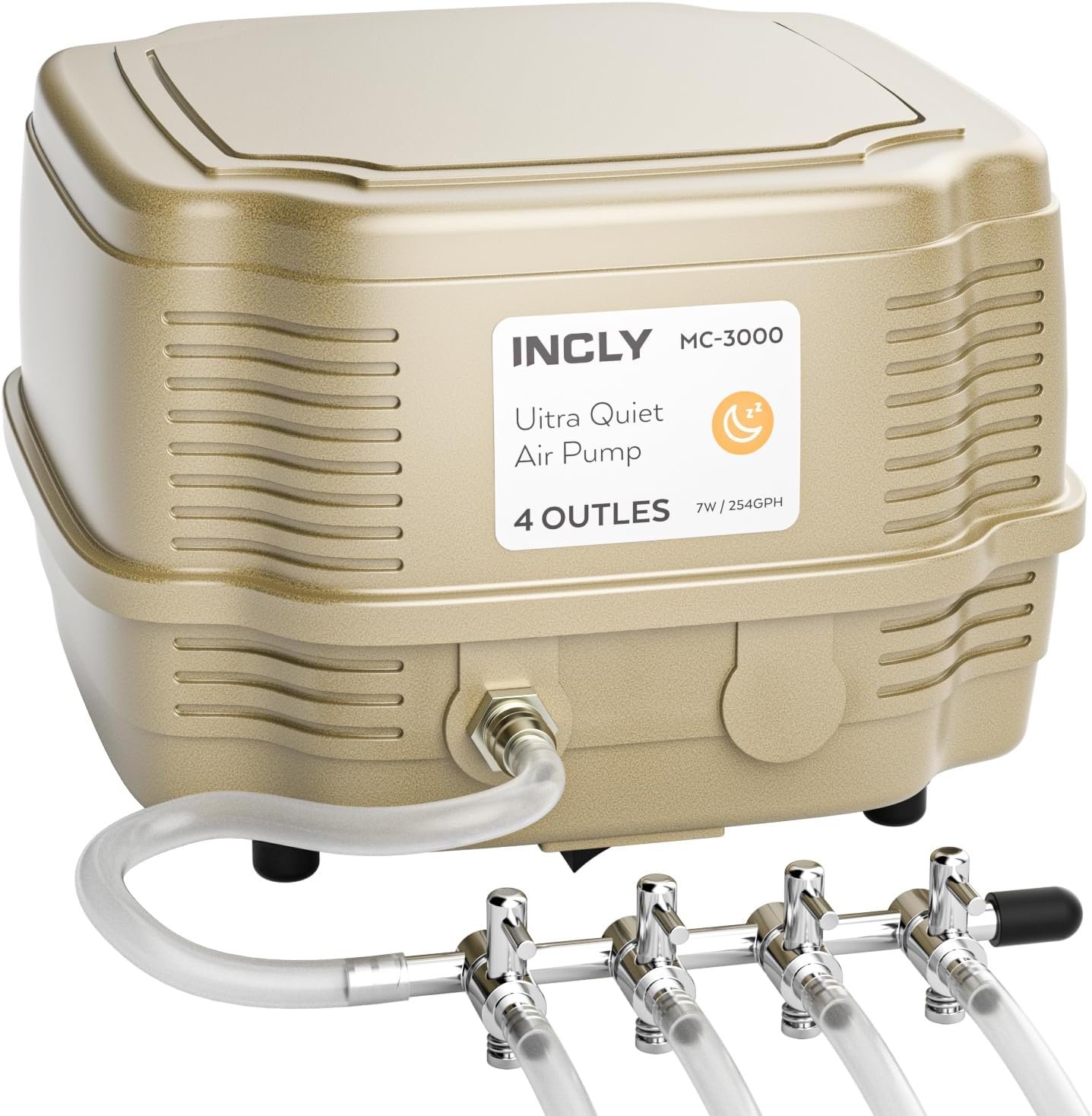 INCLY 7W Ultra Silent Aquarium Air Pump – 245 Gallon/Hr, 4 Adjustable Outlets – Commercial & Hydroponics Oxygen Bubbler for Fish Tank & Pond