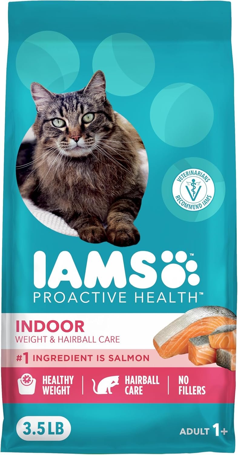IAMS Proactive Health Dry Cat Food, Indoor Weight and Hairball Care Cat Food Dry Recipe, with Salmon, 3.5 lb. Bag