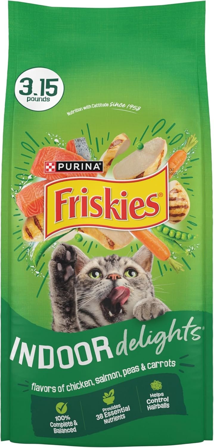 Purina Friskies Dry Cat Food Indoor Delights Flavors of Chicken, Salmon, Peas, and Carrots – (Pack of 4) 3.15 lb. Bags