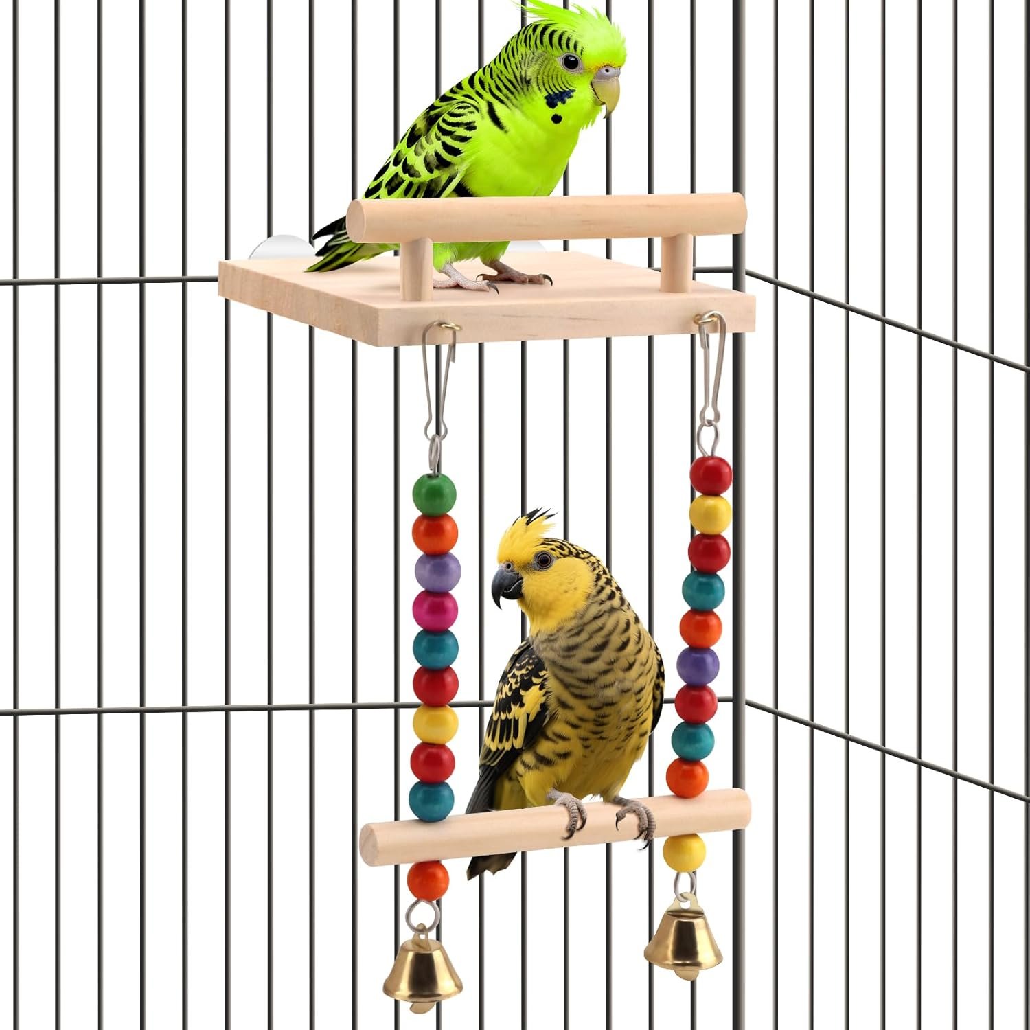 Natural Wood Bird Perch Swing – Cage Platform for Budgies, Cockatiels, Parakeets & Small Birds – Adjustable Play Rest Gym