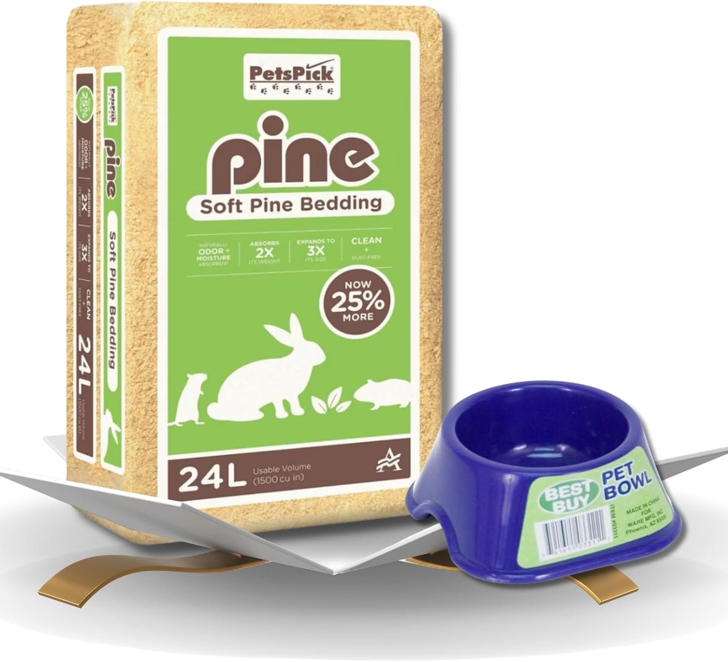 Pets Pick Kiln Dried Soft Pine Bedding 24L Bundle with Pet Bowl – Natural Wood Shavings for Small Pets – Cozy and Absorbent Hamster Bedding – Gift Set (2 Items)