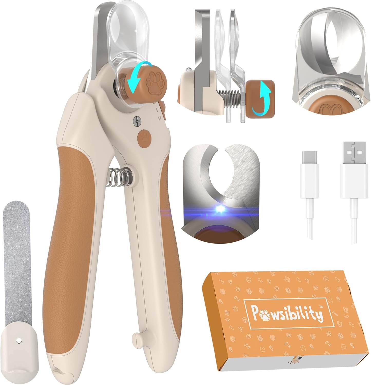 Pet Nail Clipper PRO 2026 -​​ ​​Quick-Vision LED Light | 2-Stage Adjustable Professional-Grade Blade | Adjustable Magnifier Safety Guard – for Cats, Small, Medium and Large Dogs – Brown