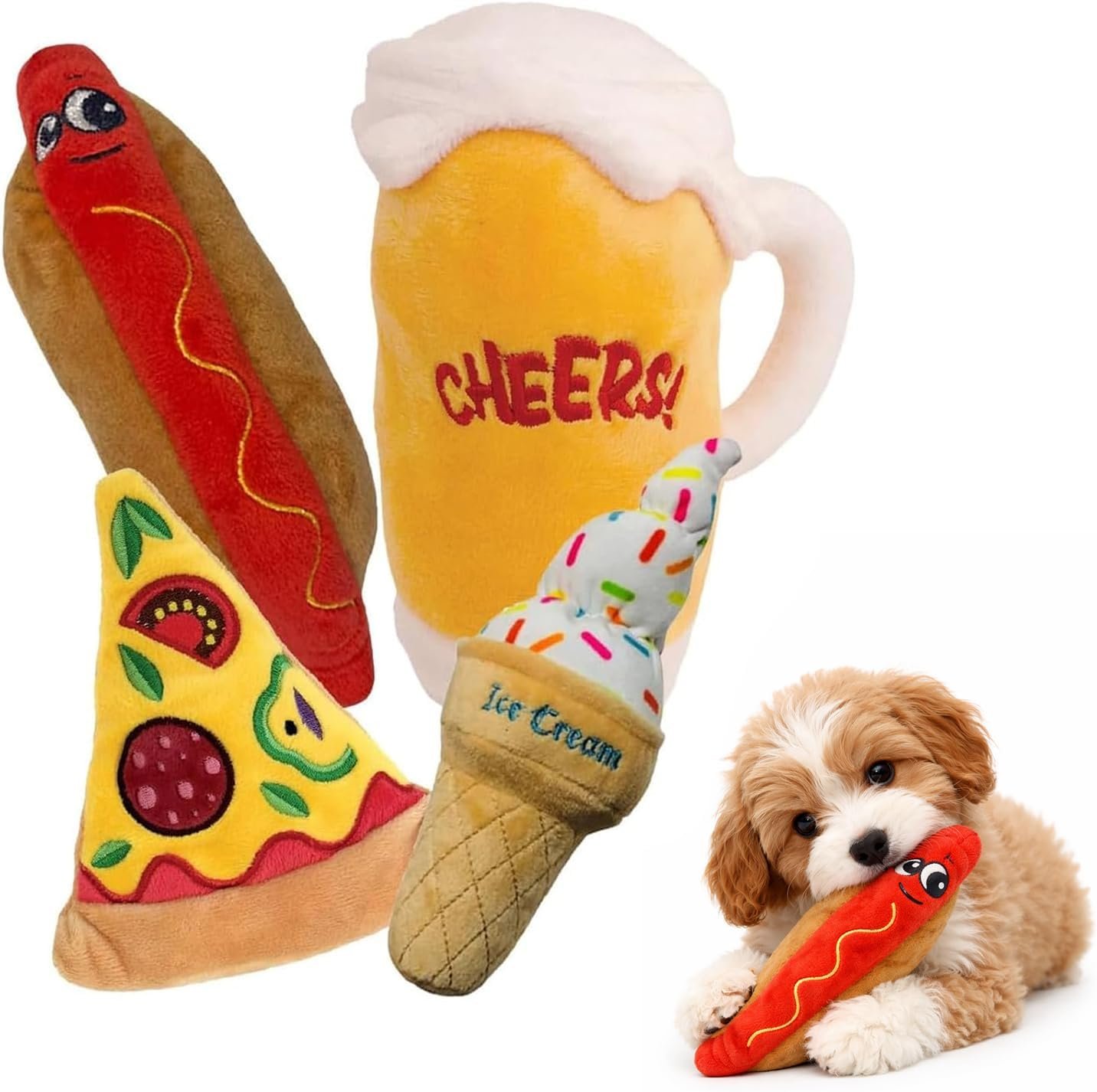 4 Pack Squeaky Plush Dog Chew Toy Assortment Food Bundle Puppy Meal Deal Hot Dog, Pizza, Beer, Ice Cream, Cute Interactive Crinkle Toys for Aggressive Dogs, for All Breeds and Sizes