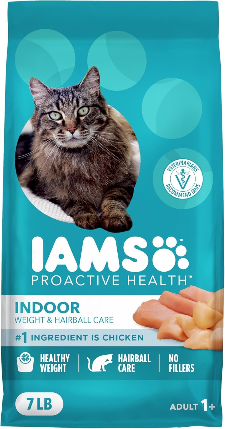 IAMS Proactive Health Dry Cat Food, Indoor Weight and Hairball Care Cat Food Dry Recipe, with Real Chicken in Every Bite, 7 lb. Bag