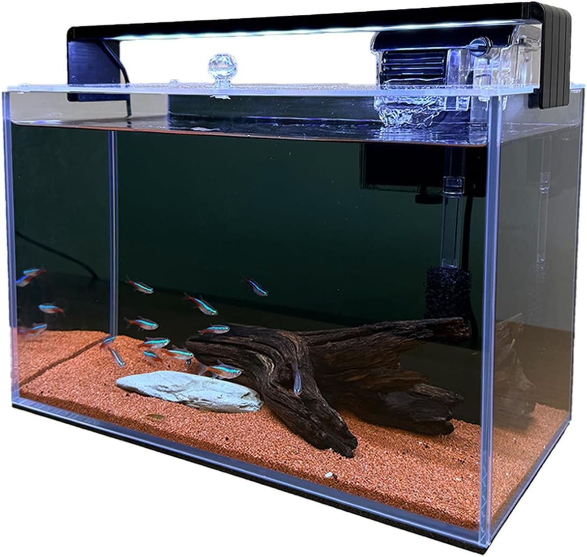 3.2 Gallon Fish Tank,Nano Nature Aquarium Kit,Small Starter Kit,Ultra-Clear Rimless Desktop Small Aquarium with Filter,Light,Rainforest Sand,Rock for Betta,Shrimp,Goldfish. Black Glass