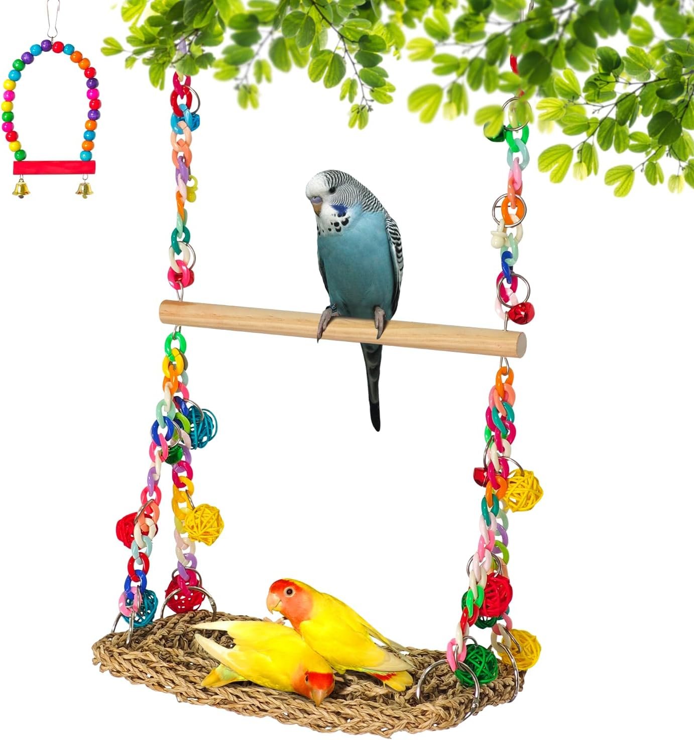 Natural Bird Swing Toys with Wood Perch,Double Layer Bird Seagrass Woven Climbing Hammock with Chewable Perch Stand Chewing Toy for Parakeets,Budgies,Conures,Cockatiels,Lovebirds