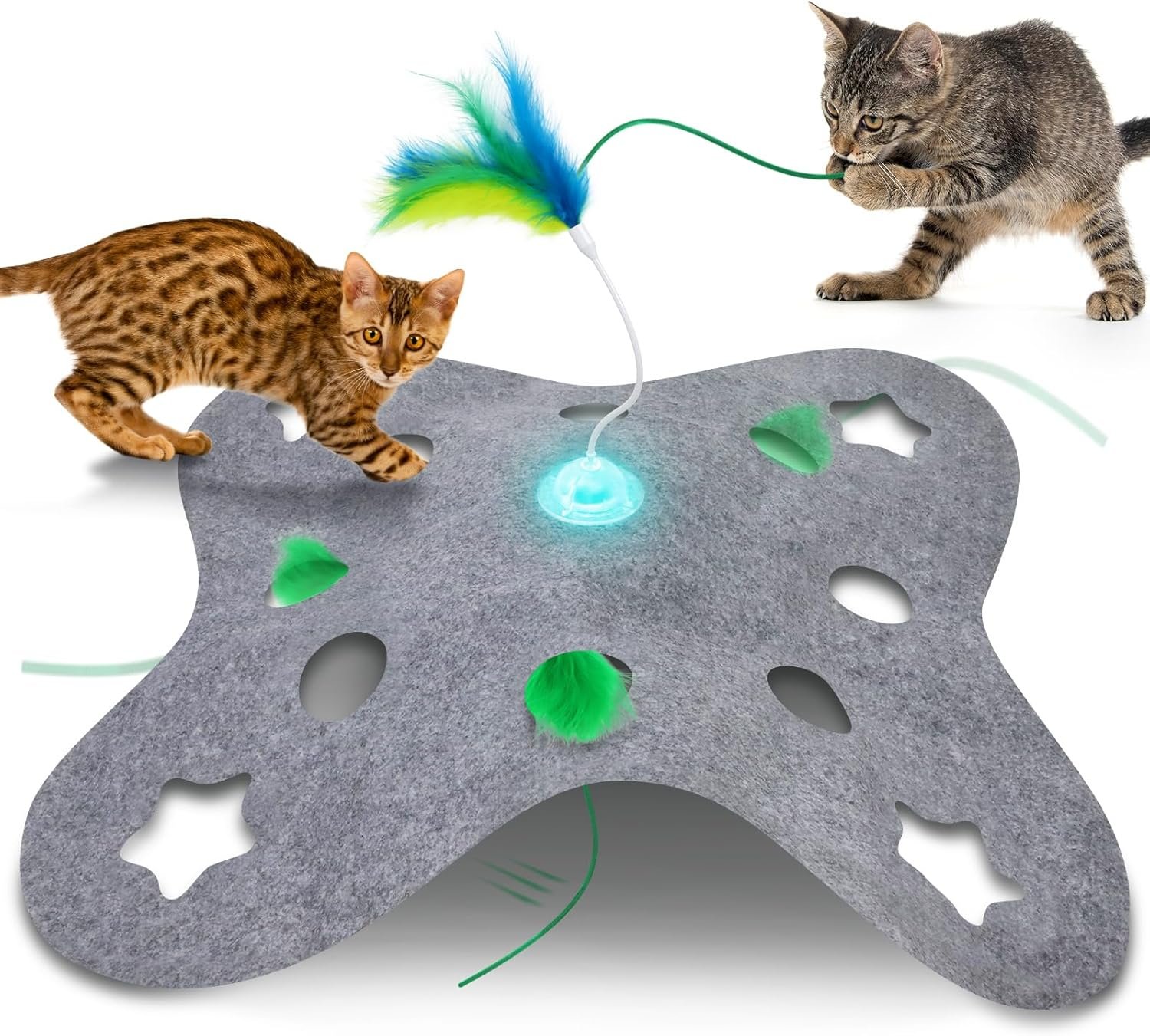 Interactive Cat Toys for Indoor Cats Exercise Toys Spin Feather Wand Tumbler Base, Touch Activate Mode Peek-A-Boo Felt Cover Toy Rechargeable