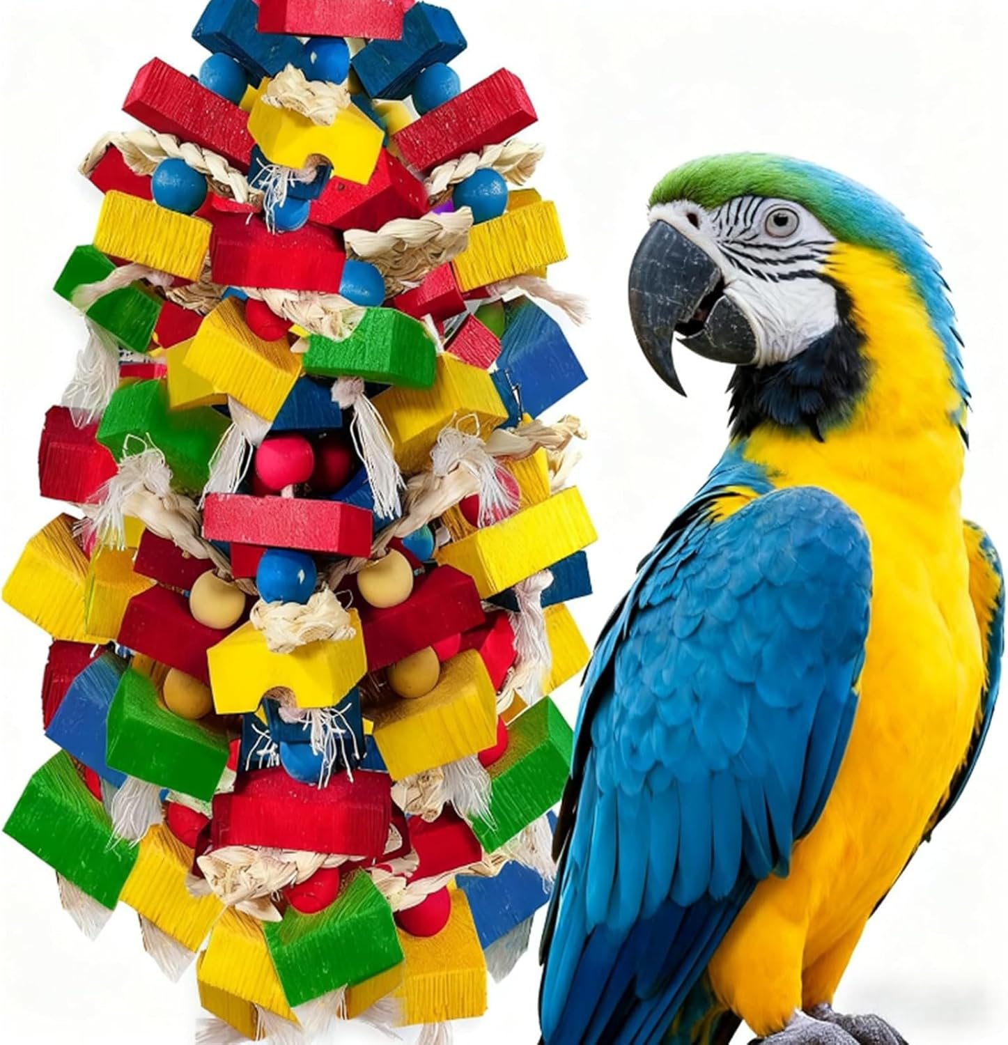 Parrot Toys for Large Birds, Multicolored Wooden Blocks Bird Chewing Toy Parrot Cage Bite Toy for Macaws Cokatoos African Grey and Large Medium Parrot Birds (Block)
