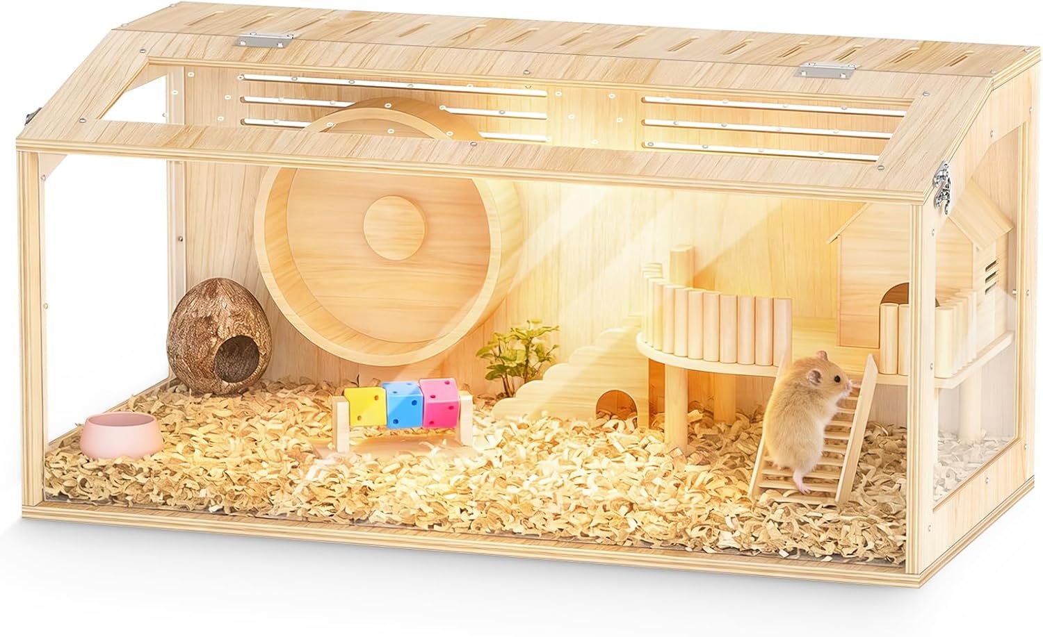 XiaZ Hamster Cage Chewproof,30 Inch Wooden Hamster Cage with Panoramic View and Ventilated Top,Durable Plywood Solid Wood Frame, Spacious Acrylic Glass Habitat for Syrian Dwarf Hamsters and Degus