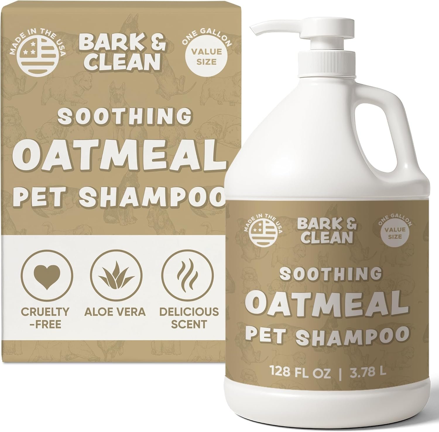 Oatmeal Dog Shampoo for Itchy Skin, 1 Gallon with Pump – Hypoallergenic Anti-Itch Allergy & Sensitive Skin Relief, Moisturizing Aloe Vera Coconut Oil, Sulfate & Paraben Free, Made in USA, Bark & Clean