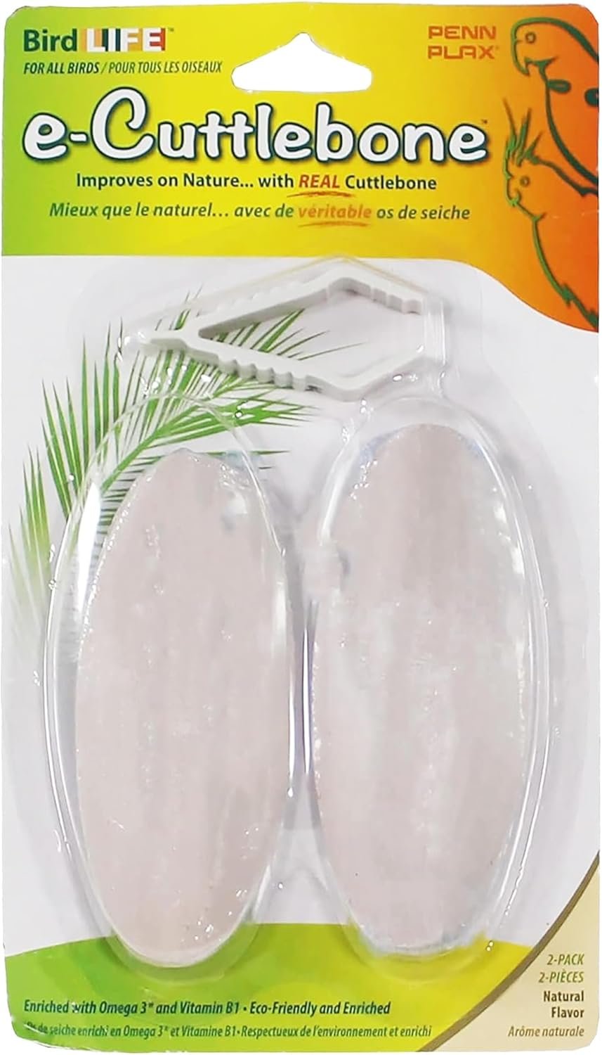 Penn-Plax Bird-Life E-Cuttlebone Natural, 1 Pack (2 Counts) – Durable, Less Brittle Cuttlebones Enriched with Omega 3, Honey & Vitamin B1 – Easy Mounting, Cage Clip – Great for All Bird Sizes – White
