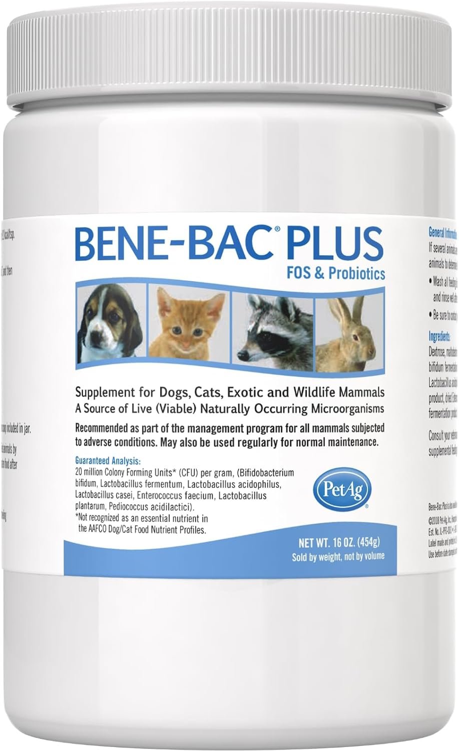 PetAg Bene-Bac Plus – 1 lb Powder – FOS & Probiotics for Dogs, Cats, Exotic & Wildlife Mammals