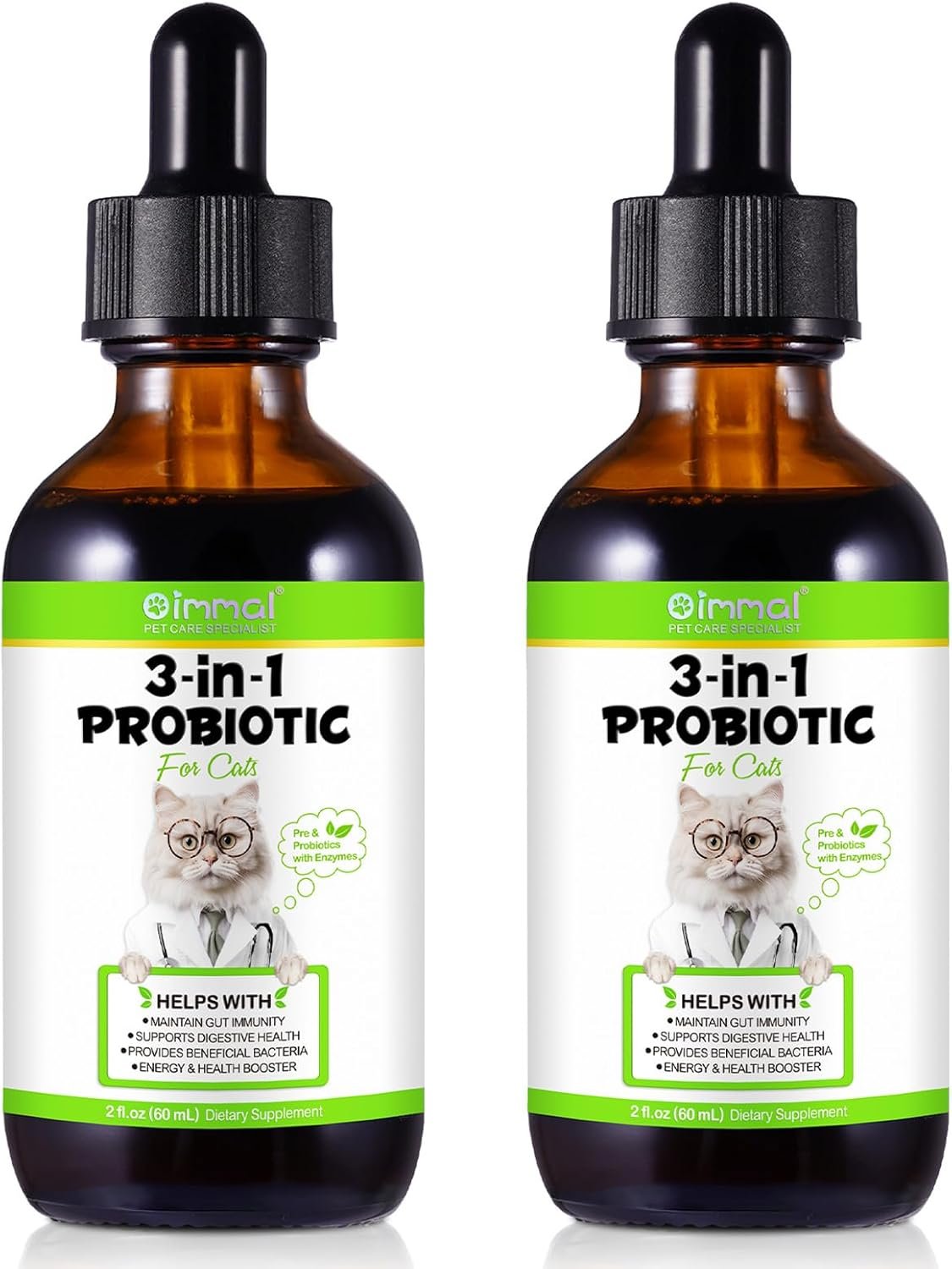 3-in-1 Probiotics for Cats(Pack of 2) with Digestive Enzymes & Prebiotics – Supports Gut Health, Immune System & Diarrhea Relief – 2 x 60ml for Cats of All Ages