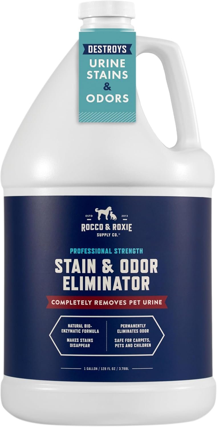 Rocco & Roxie Supply Co. Stain & Strong Odor Eliminator, Enzyme Cleaner, Pet Odor Eliminator for Home – Carpet Stain Remover for Cats & Dog Pee – Urine Destroyer – Carpet Cleaner Spray, 1-Gallon