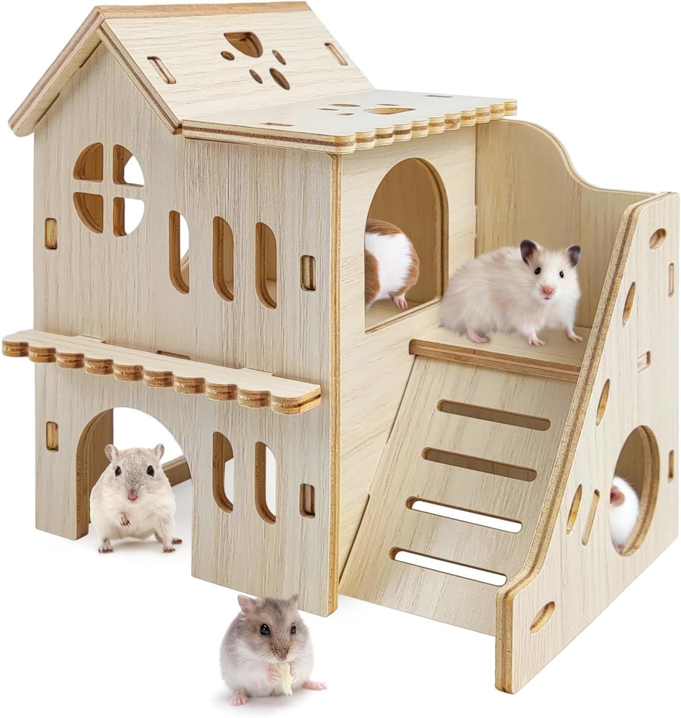 Hamster Hideout with Wooden House, Fun Slide, Double-Decker Hut & Maze – for Dwarf Hamsters, Gerbils, Mice, Small Animals