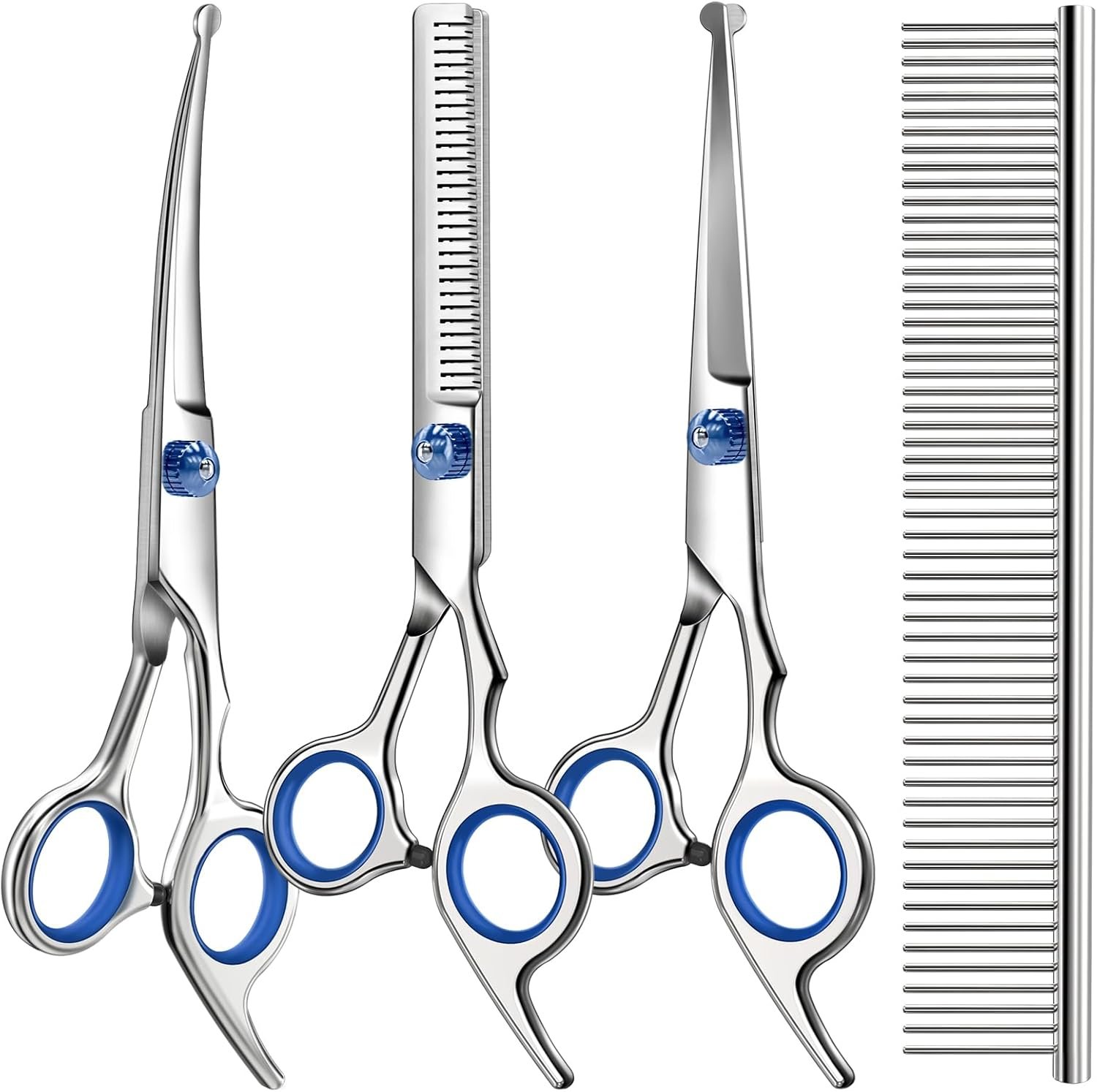 Professional 4 in 1 Dog & Cat Grooming Scissors Kit with Safety Round Tips,Sharp & Durable,Dog Shears for Grooming – Includes Straight, Curved, Thinning Scissors and Comb – Premium Pet Supplies