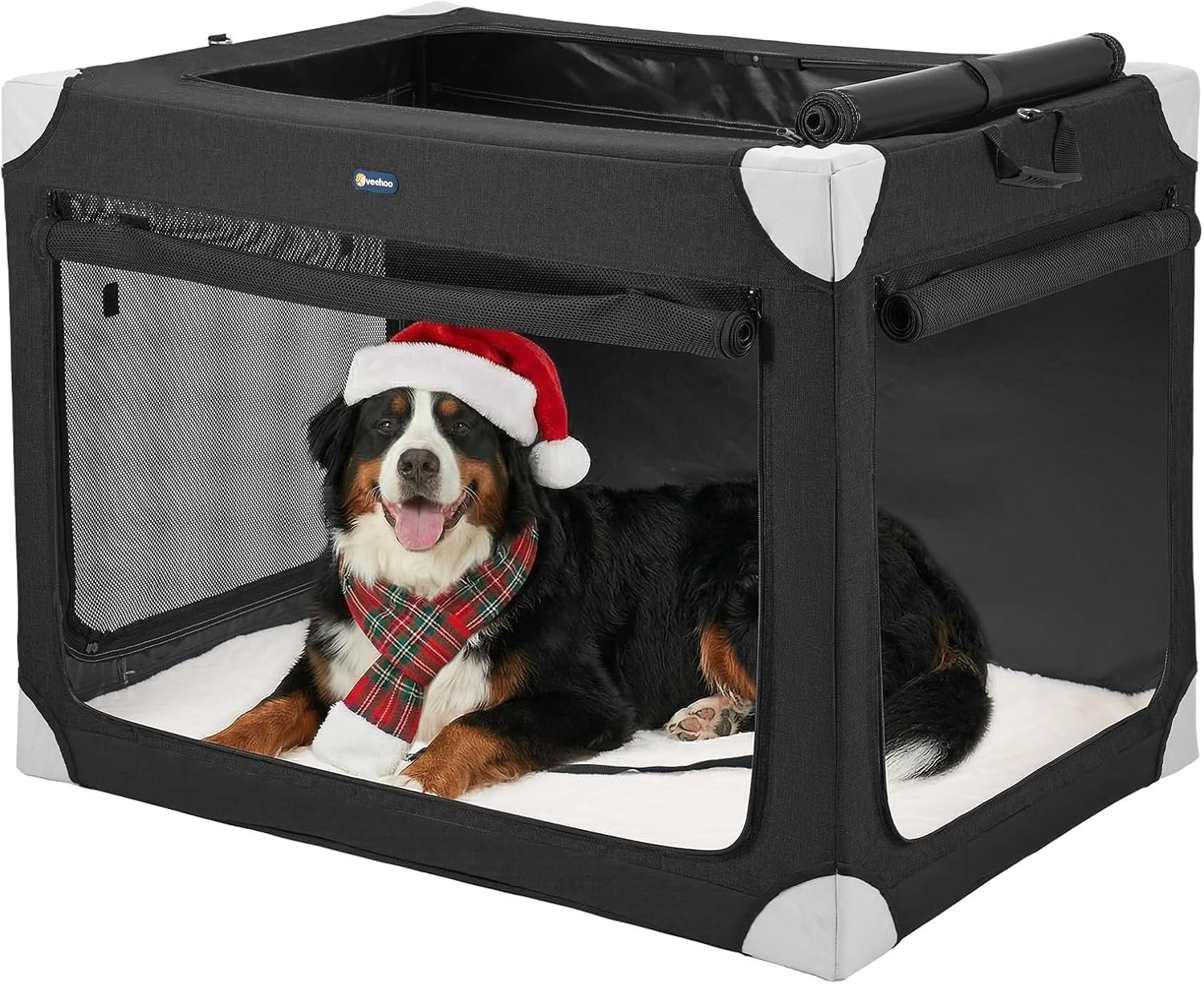 Veehoo Large Dog Crate for Indoor Outdoor, Portable Collapsible Travel Dogs Crate, 42 Inch Soft Foldable Pet Kennel with 4-Door Mesh Windows