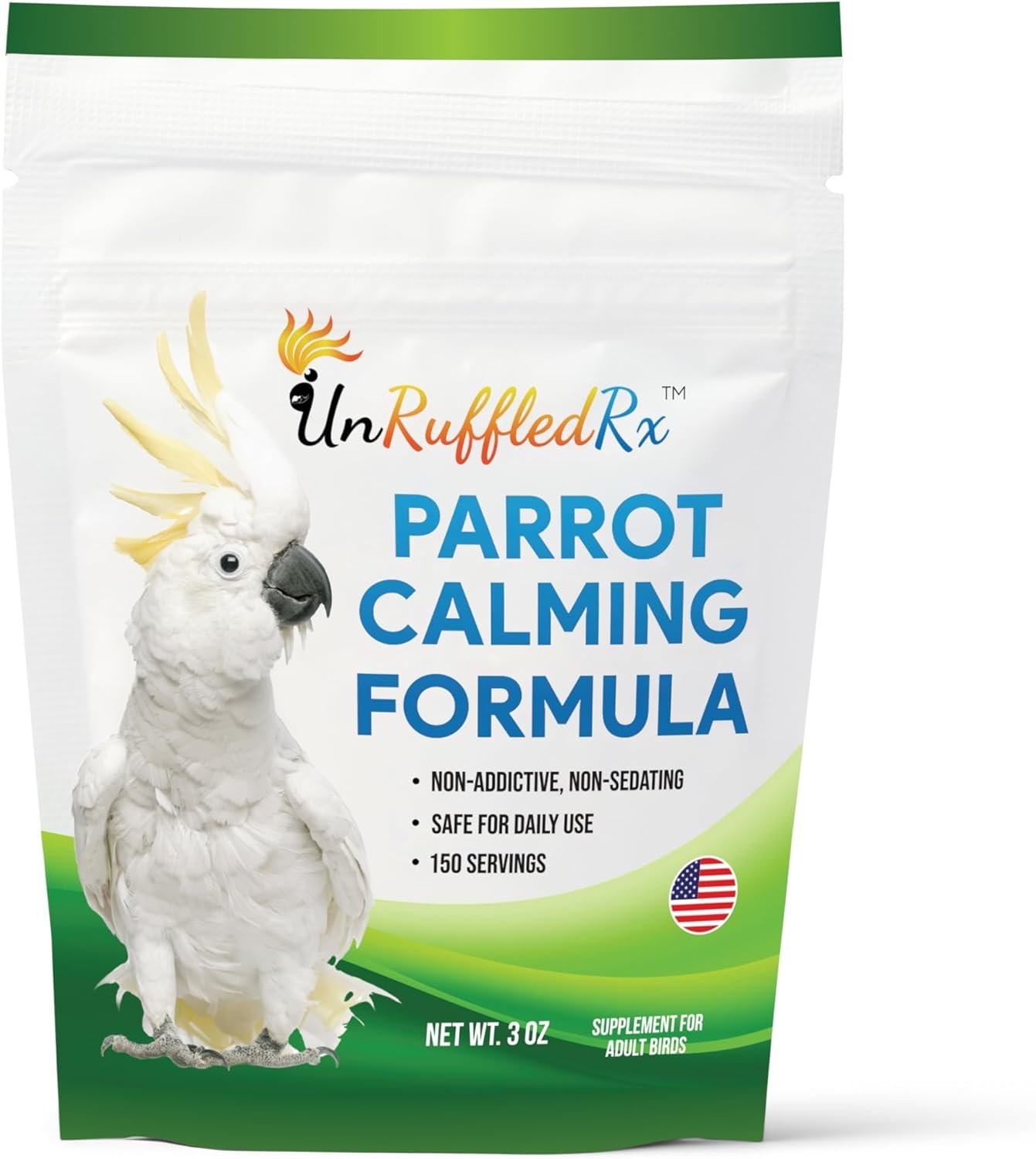 UnRuffledRx™ Calming Formula for Parrots – Bird Supplement That Supports Relaxation During Stressful Events Like Fireworks, Travel, and Visitors – 150 Servings – Made in USA
