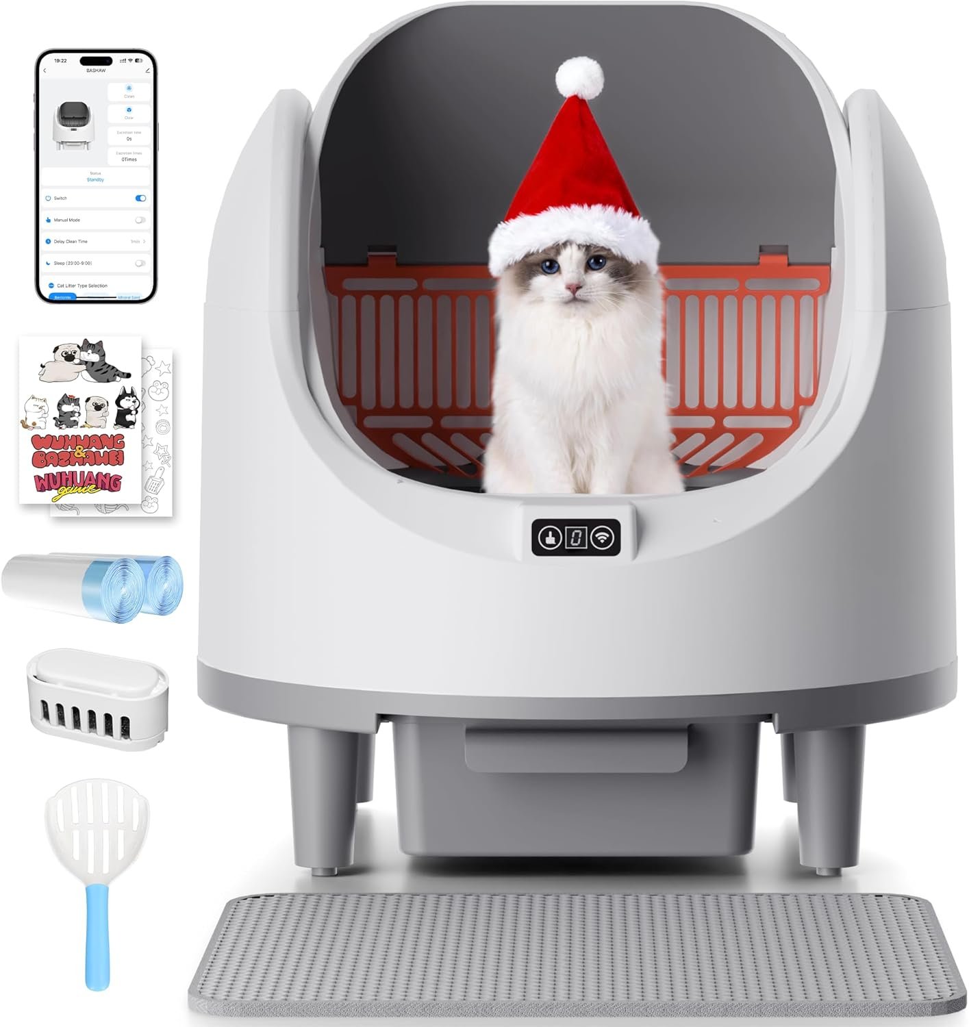 Bashaw Self Cleaning Litter Box, Large Capacity Automatic Litter Box for Multiple Cats, App Control, Safety Sensors, 2 Rolls of Garbage Bags (White)