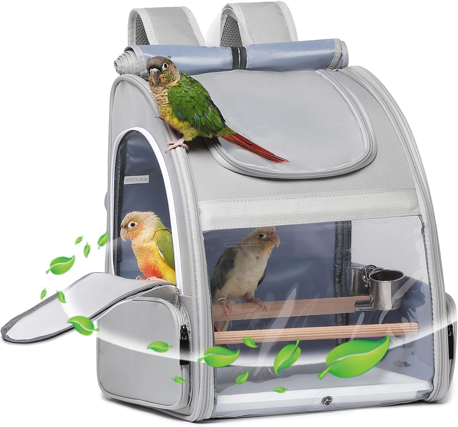 Bird Carrier,Travel Bird Cage,Bird Backpack for Small Birds Parakeet,Canary,Parrot, Finches,Cockatiel.Portable Outdoor Bird Bag with 2 Wooden Perch, Double-Clamp Cup, Detachable Poop Tray (Gray)