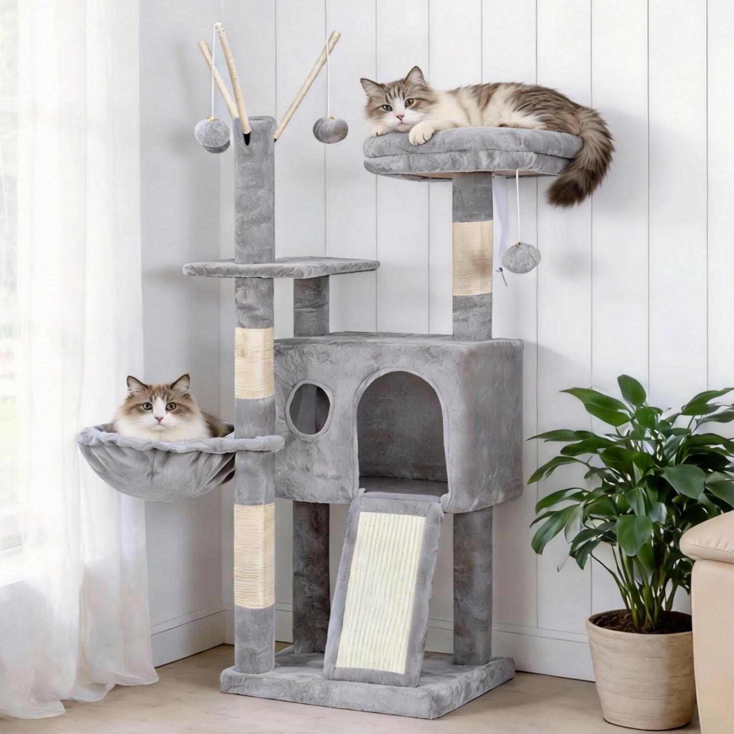 Hey-brother Cat Tree Tower, Scratching Posts with Removable Toys, Cozy Condo, Platform, Hammock, Sisal Scratch Board and Ball for Indoor Kittens, 41.3 Inches, Light Gray MPJ008SW