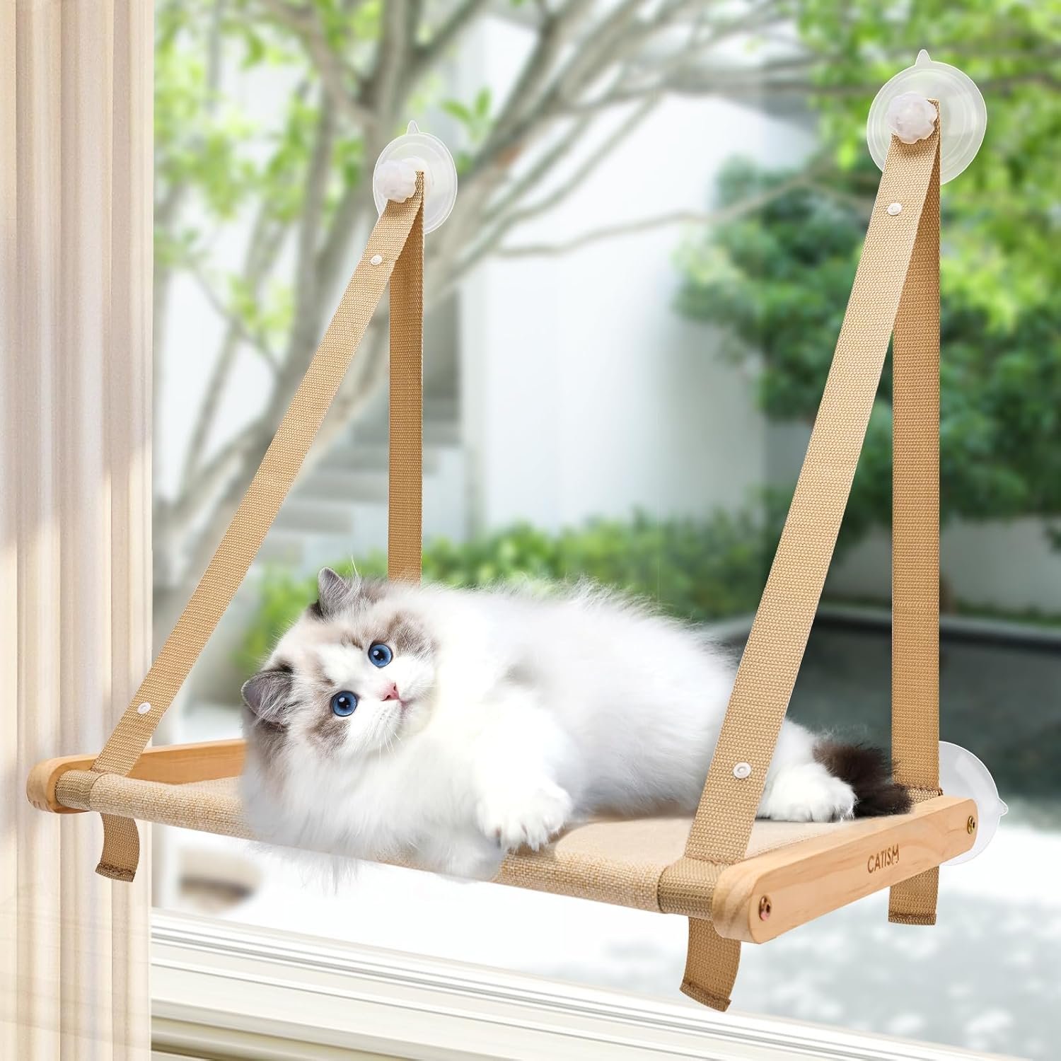 CATISM Cat Window Perch – Foldable Cat Hammock for Window, Soft Seat Machine Washable, Solid Wood Frame, 4 Suction Cups, Cats Window Hammock Load Weight Up to 40lbs