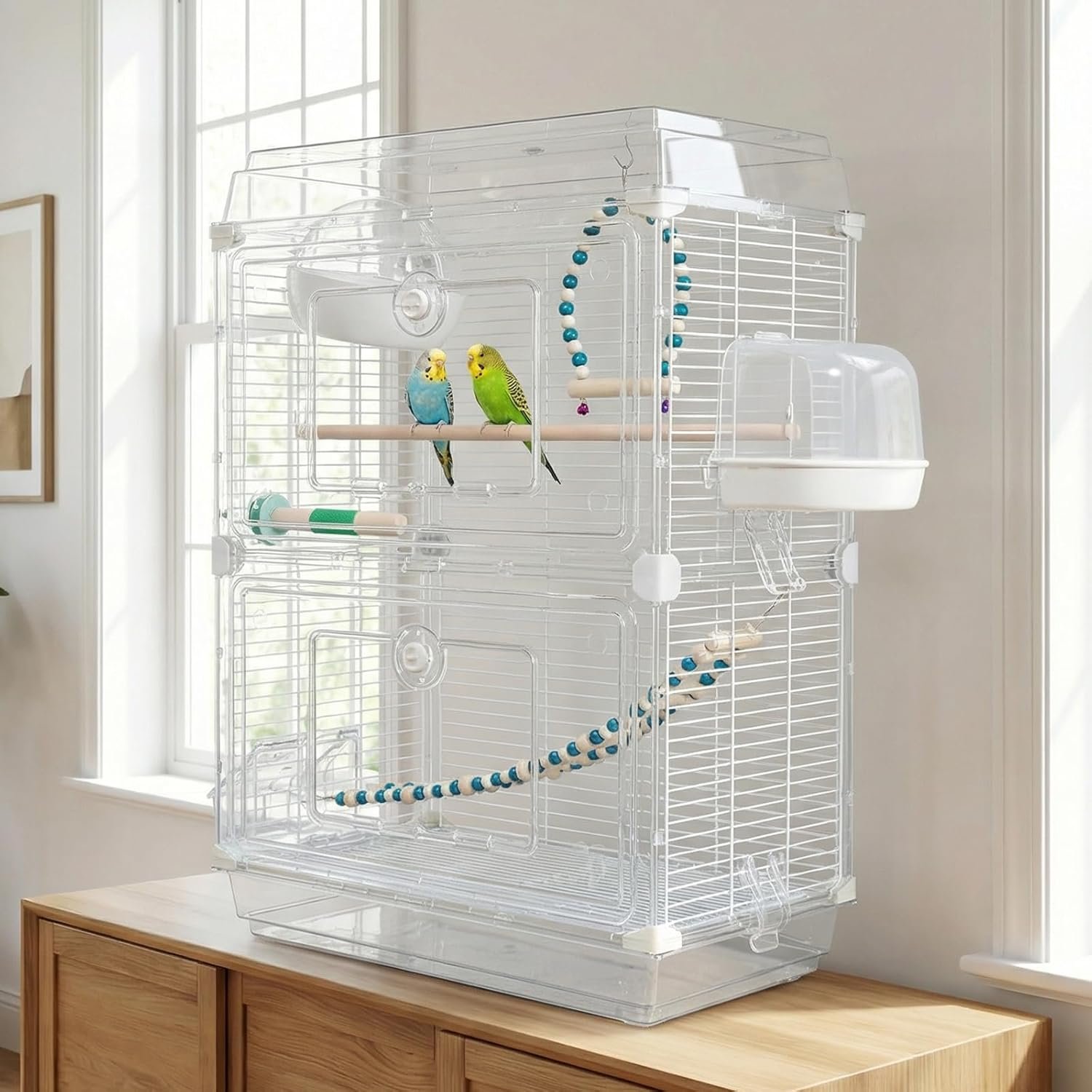 8-in-1 Clear View Bird Cage – Double Layer Small Birdcage with Common Accessories, Indoor & Travel Bird Carrier for Canary, Parakeet, Parrot, Budgies, Cockatiels, 18 * 12 * 27in