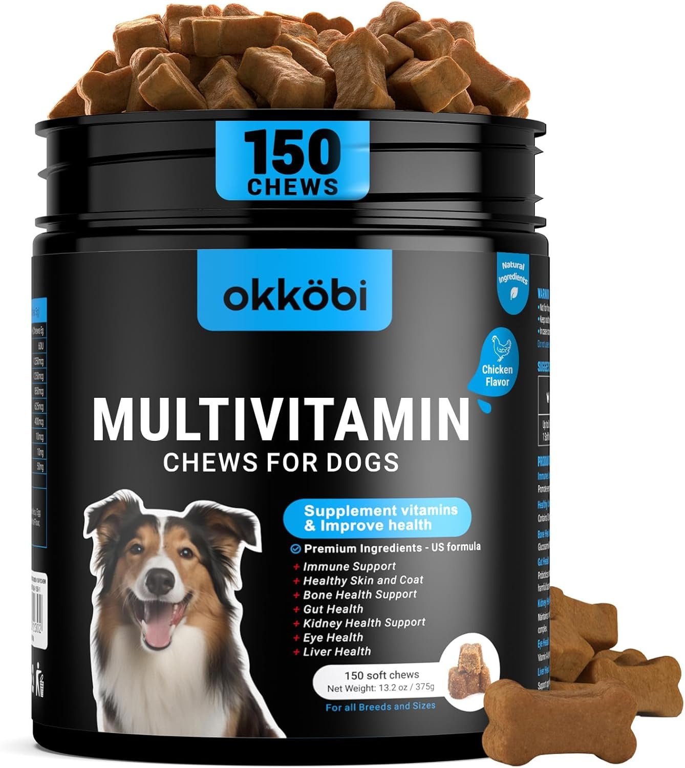 Dog Vitamins and Supplements – 150 Dog Multivitamin Chewable – Immune, Joint Support, Skin, Gut Health + Packed with Omega 3s, Glucosamine & Probiotics – Safe for Puppy – Chicken