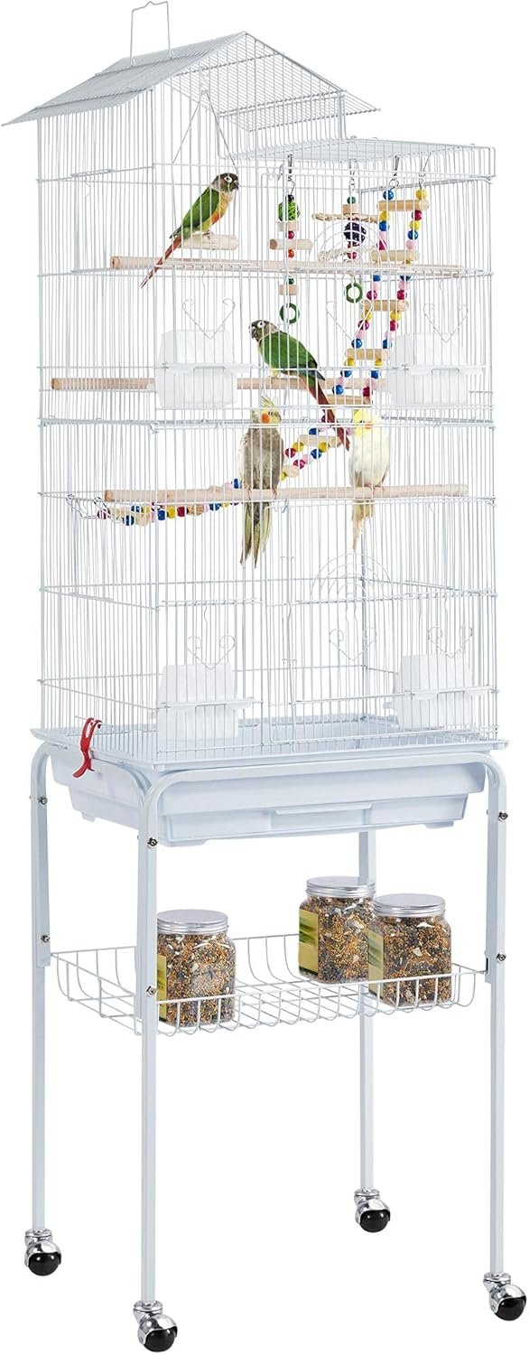 Yaheetech 62.5-inch Roof Top Flight Bird Cage for Parakeets Cockatiels Conures Finches Lovebirds Canaries Budgies Small Parrots, Large Birdcage with Detachable Rolling Stand, White