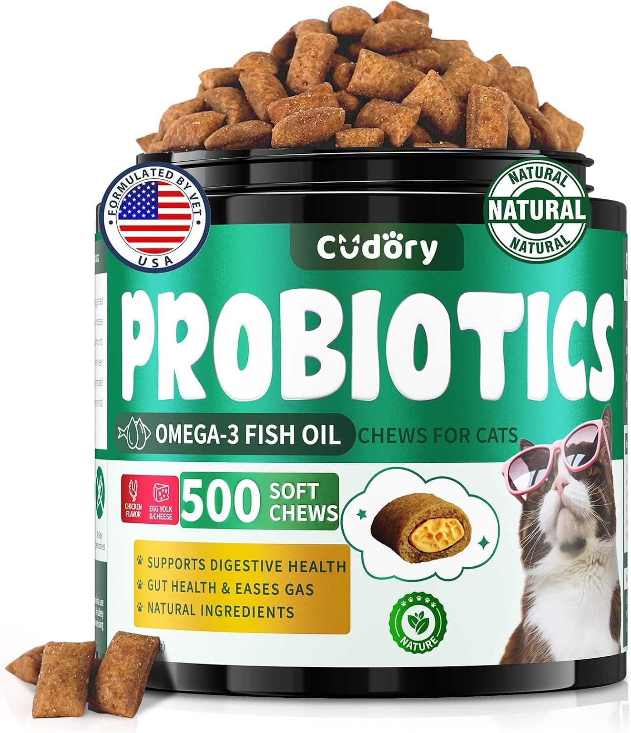 Cat Probiotics Treats for Digestive & Gut Support – 500 Crunchy & Creamy Cat Snacks – Cat Gut Health, Constipation Relief, Healthy Stool, Natural Supplement for Cats, Chicken Flavor (90-Day Supply)