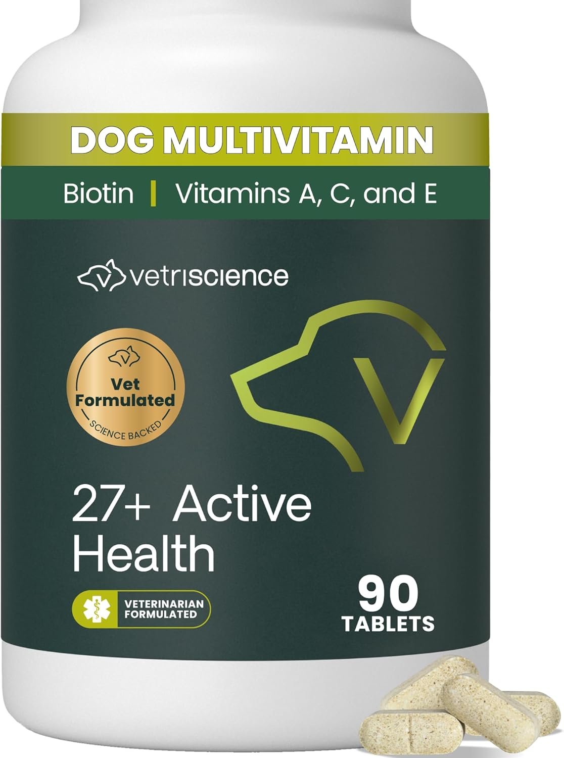 VetriScience 27+ Active Health Chewable Tablets, Canine Plus Daily Multivitamin for Puppies and Adult Dogs, Balanced Vitamins, Minerals and Antioxidants, Wellness Support, Duck, 90 Count