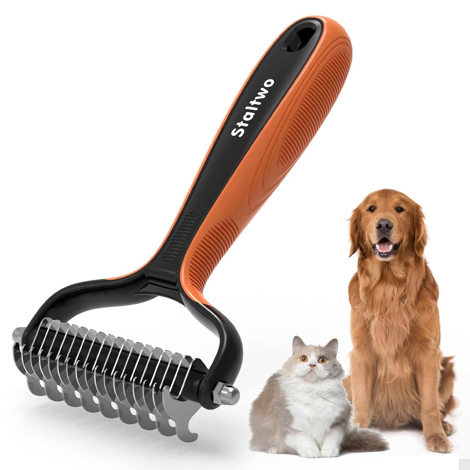 Deshedding Dog Brush for Shedding – 2-in-1 Professional Undercoat Rake and Furminator for Dogs | Shedding Control for Long-Haired Dogs and Cats, Deshedding Tool, Knot Removal,Orange