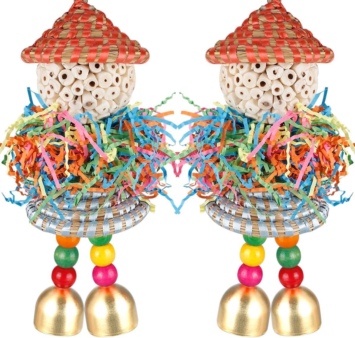 2PCS Bird Toys Parrot Foraging Shredder Hanging Toys Sola Balls with Bell for Small Parrots Parakeets Cockatiel Conures Love Birds Budgie Cage Toy