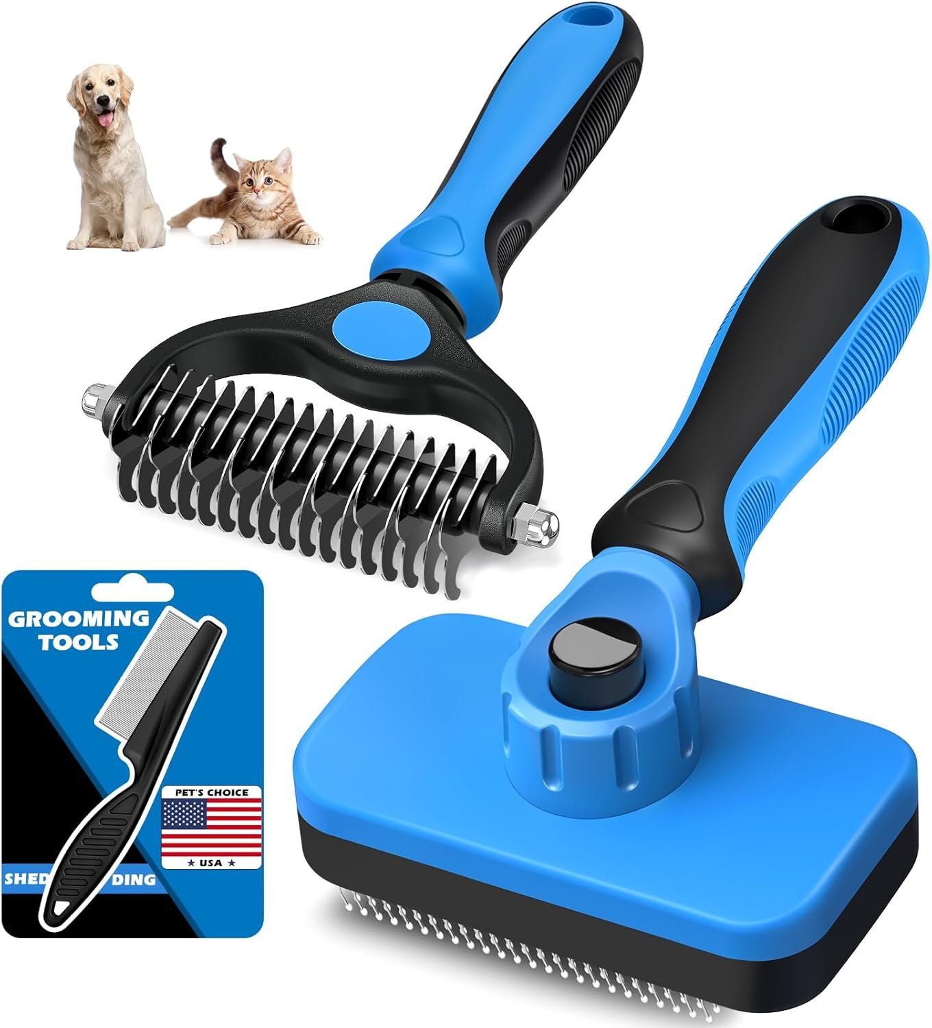 3PCS Self Cleaning Slicker Brush & Pet Grooming Rake & Flea Comb for Dogs, Cats and Horses | Double-Sided Dematting Comb & Skin Friendly Deshedding Grooming Tool | Premium Pet Supplies (Blue)