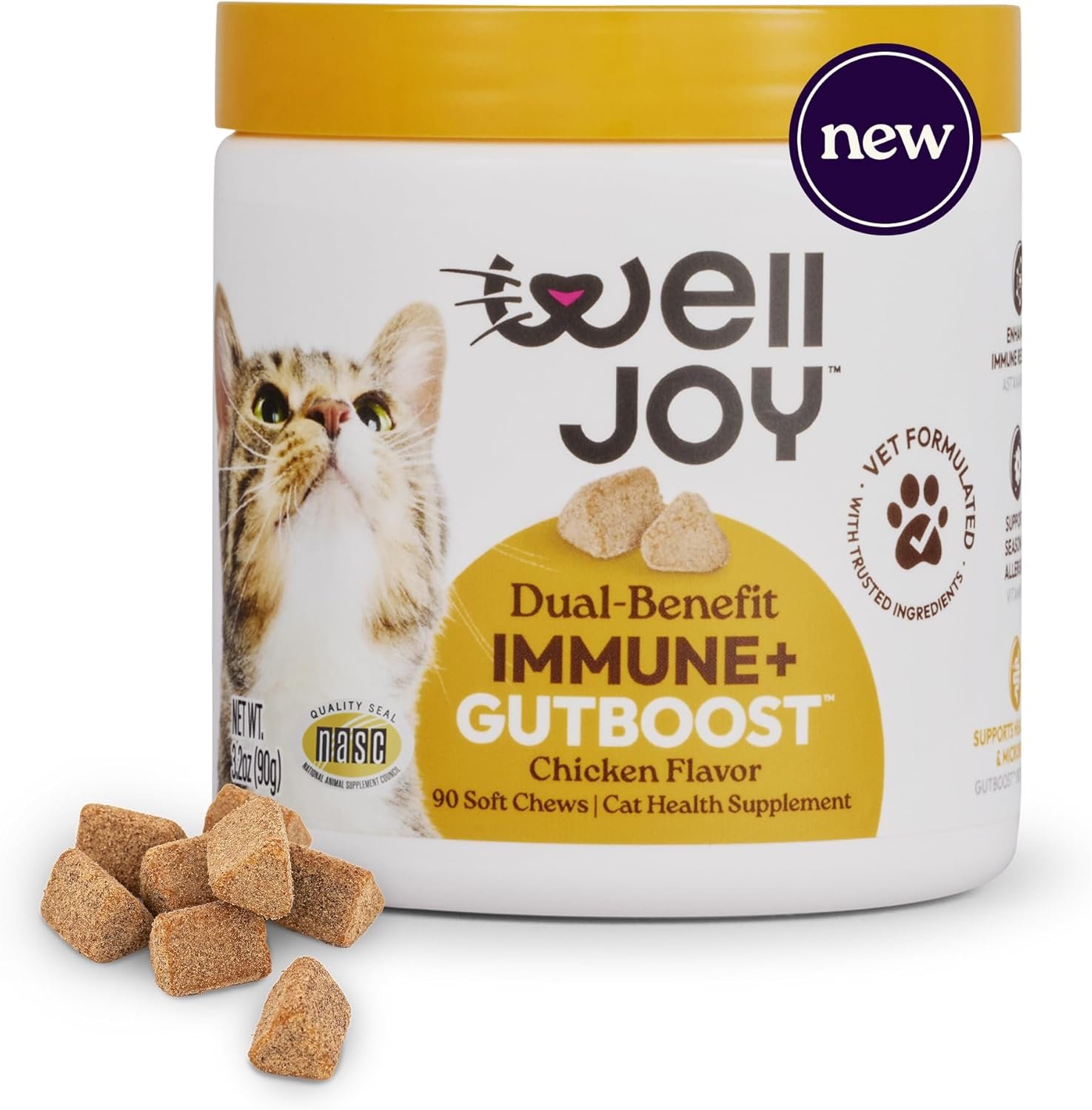 New! WellJoy Cat Supplement Immune+ GutBoost | Cat Health Supplement | with Lysine | Enhances Immune Response | Dual-Benefit Formula | Vet Formulated | Made in USA | Chicken Flavor | 90 Soft Chews