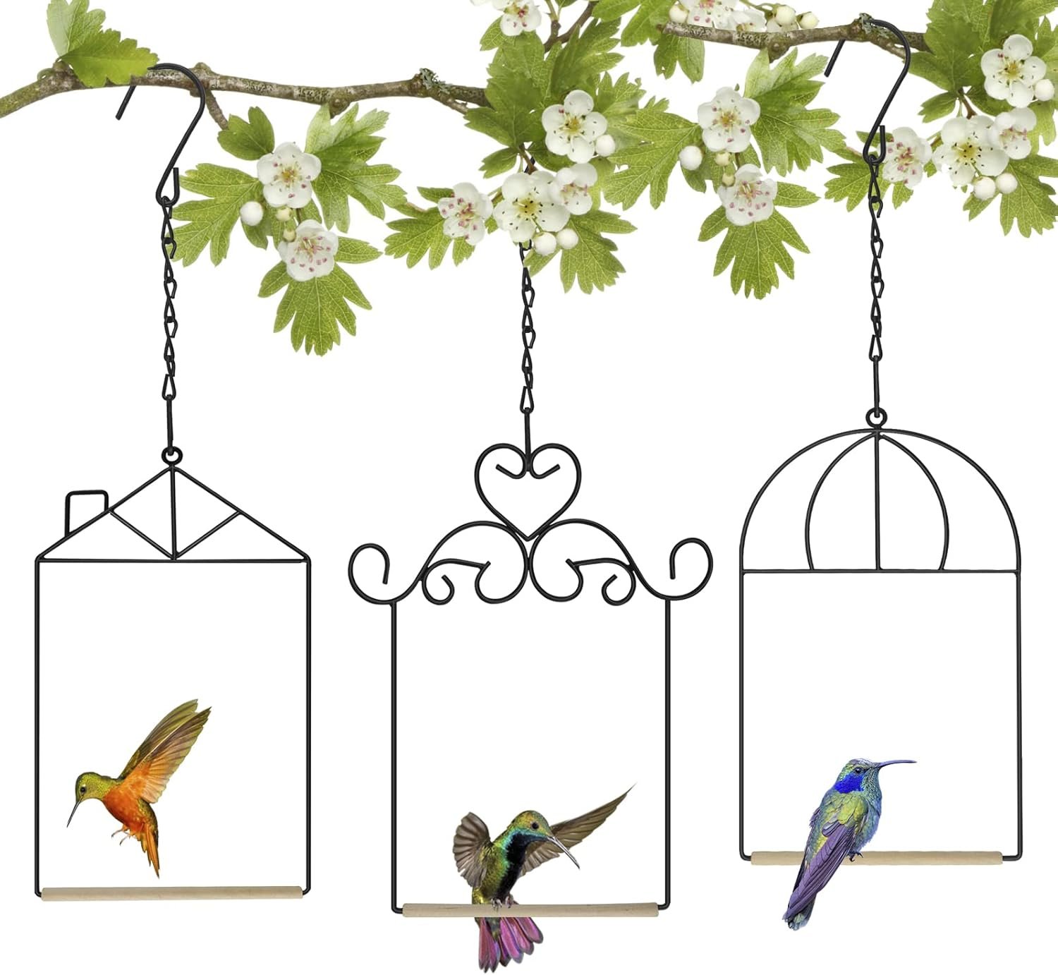3PK Metal Frame Hummingbird Swings and Perches with Wooden Dowel Black Bird Swing Outdoor Bird Perch Humming Bird Swing