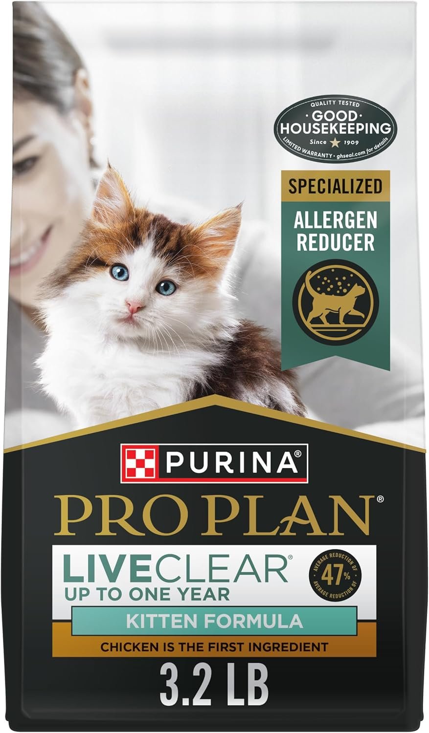 Purina Pro Plan LiveClear Dry Cat Food for Kittens Cat Allergen Reducer Chicken and Rice Formula – 3.2 lb. Bag