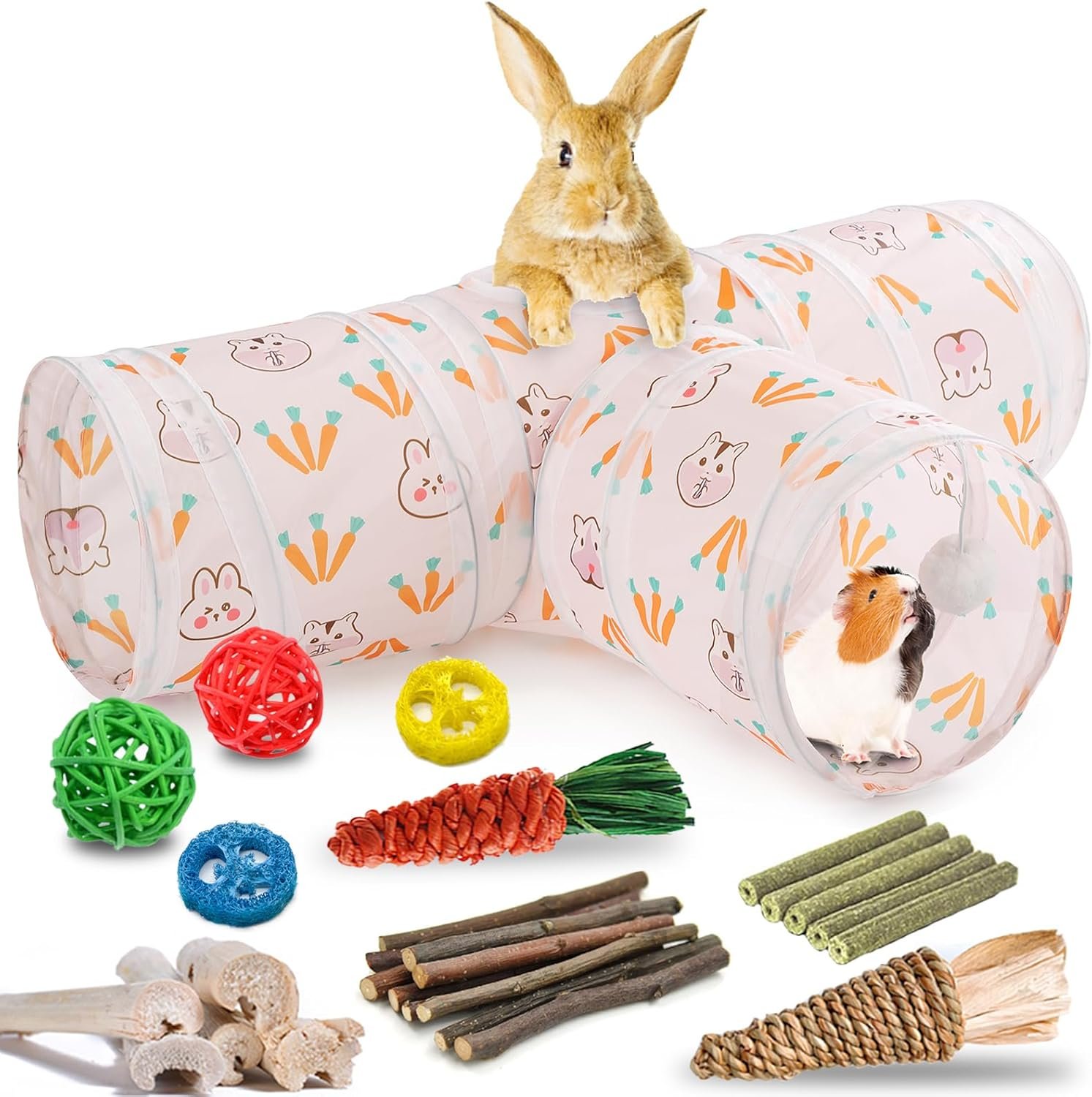 HERCOCCI Rabbit Toys, Bunny Tunnels & Tubes, Collapsible 3 Way Rabbit Hideout Tunnel with Chew Toys for Bunny Guinea Pig Ferret Kitten